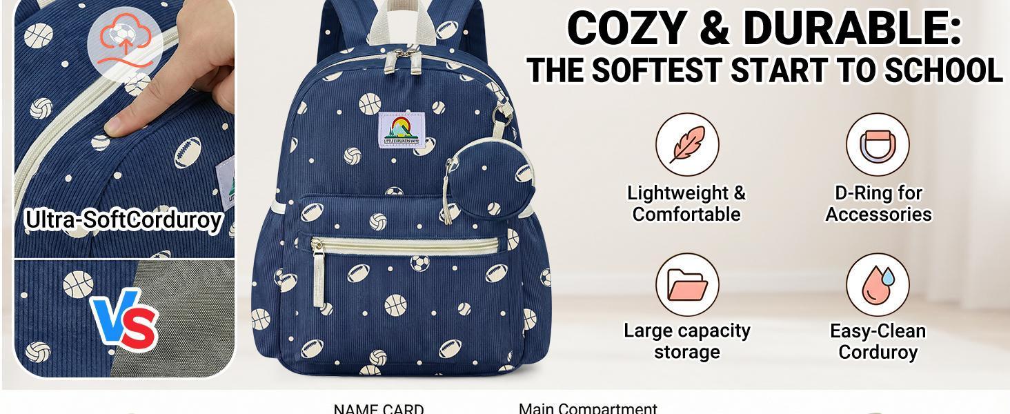 Corduroy Toddler Backpack for Girls 2-5: Strawberry Kids backpack for Girls - 13.5 inch Preschool Kindergarten Backpacks with Coin Purse