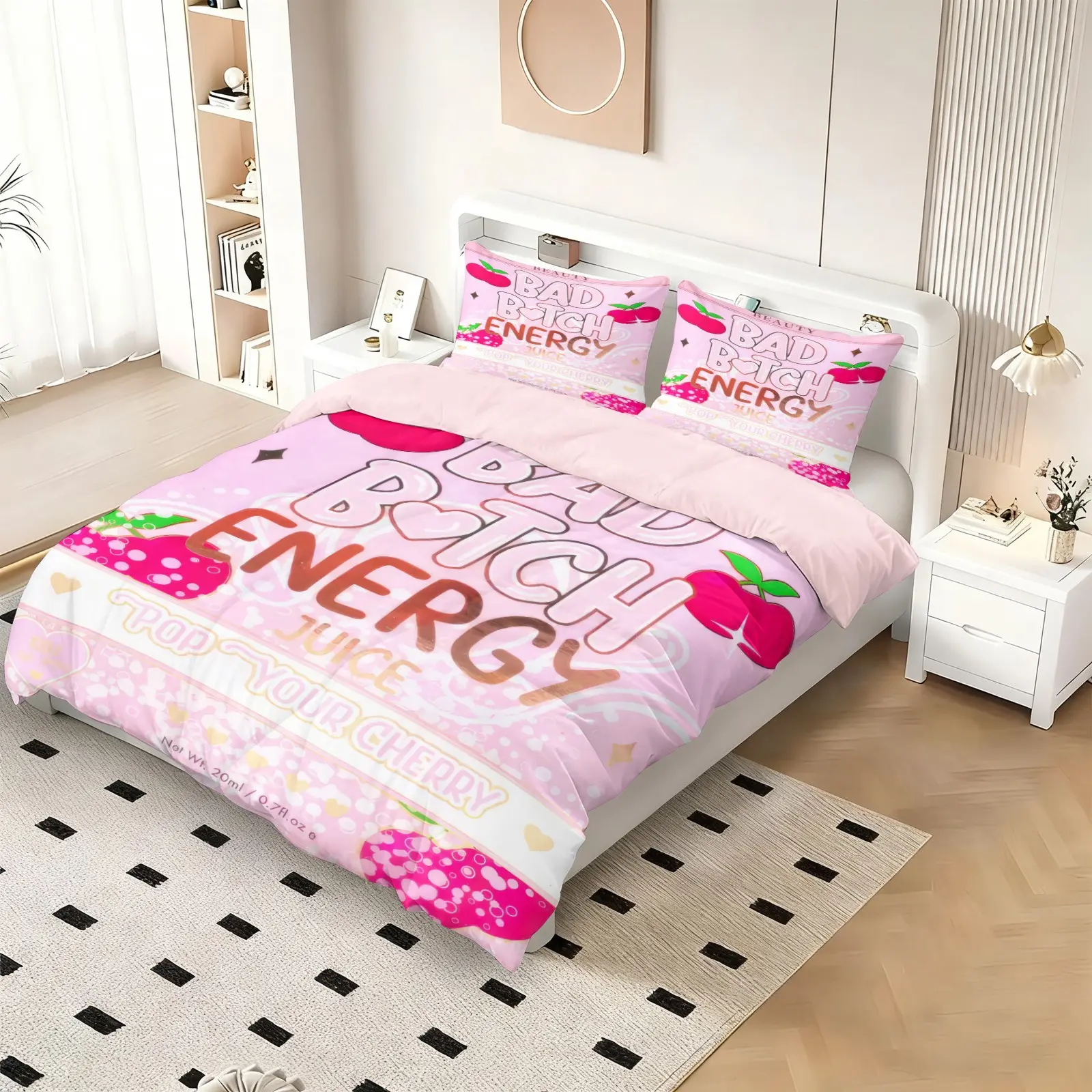 Bad Batch Energy Trendy Fun Duvet Cover Set, Y2K Sweet Cool Cherry Juice Print with Pink Soft Lining, 1 Duvet + 1-2 Pillowcases, Comfortable Bedding for Teenage Girl's Bedroom Internet Celebrity Space Decor