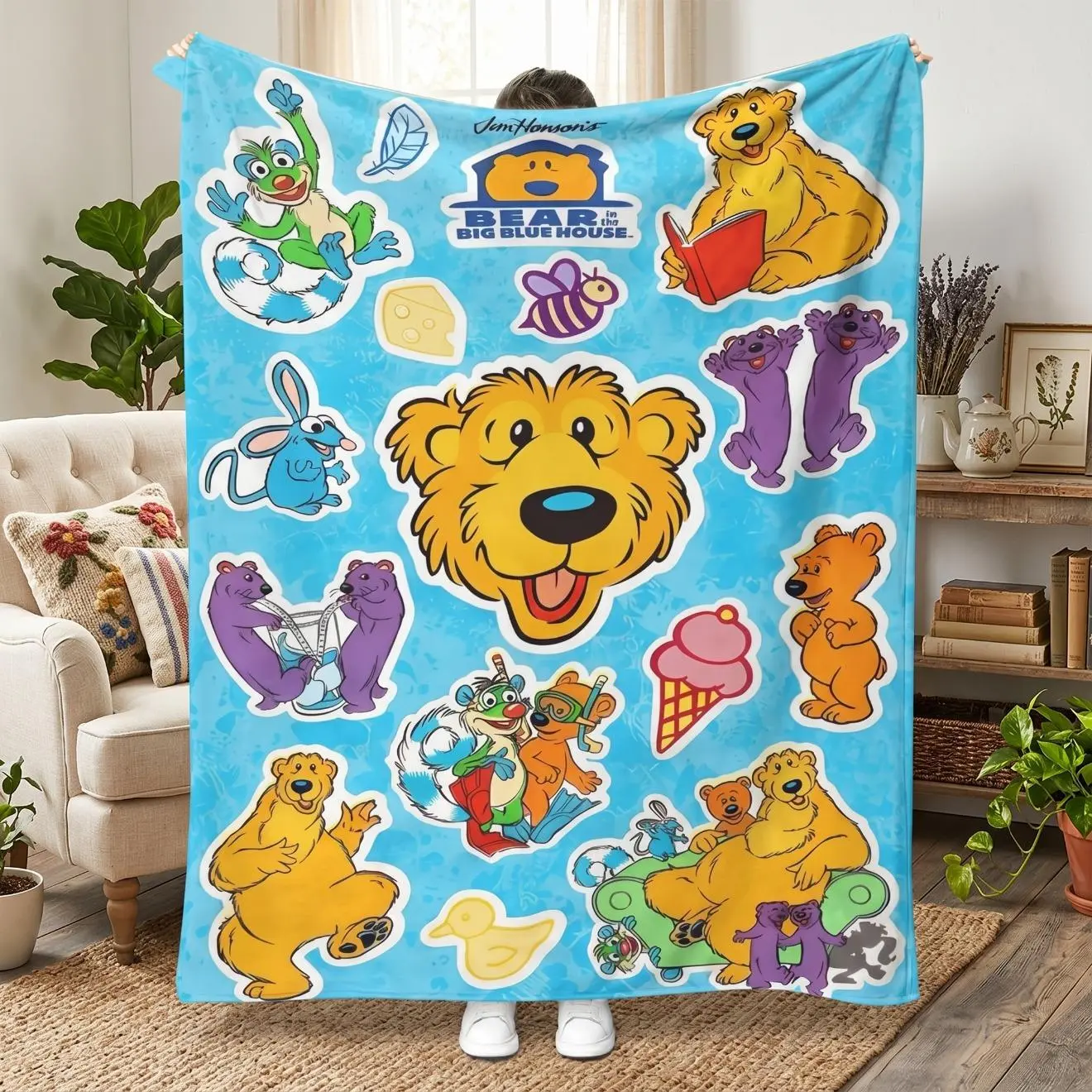 Bear in the Big Blue House Blanket, Kids & Adult Ultra Soft Flannel Snuggle Blanket, Funky Cartoon Throw Blanket, Huge Cozy Blanket for Couch, Lightweight Air Conditioner Blanket, Cute Bedroom & Living Room Decor, All Season Birthday Christmas Gift