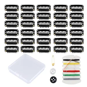 30 count Wig Clips to Secure, Flat Hair Clip, Hair Extension Clip with Thread Kit, Hair Extensions Clip for Women, Bangs Hair Clip DIY Set for  and Pets, Black Chunni Clips