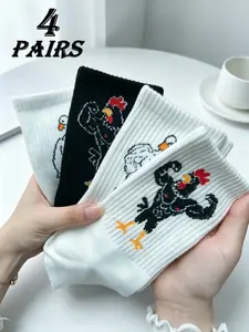 4 Pairs Mid-Calf Socks, Funny Style, Muscular Rooster Cartoon Print, Ribbed Cuff, Skin-friendly & Breathable, Fun Versatile Socks for Daily Commute