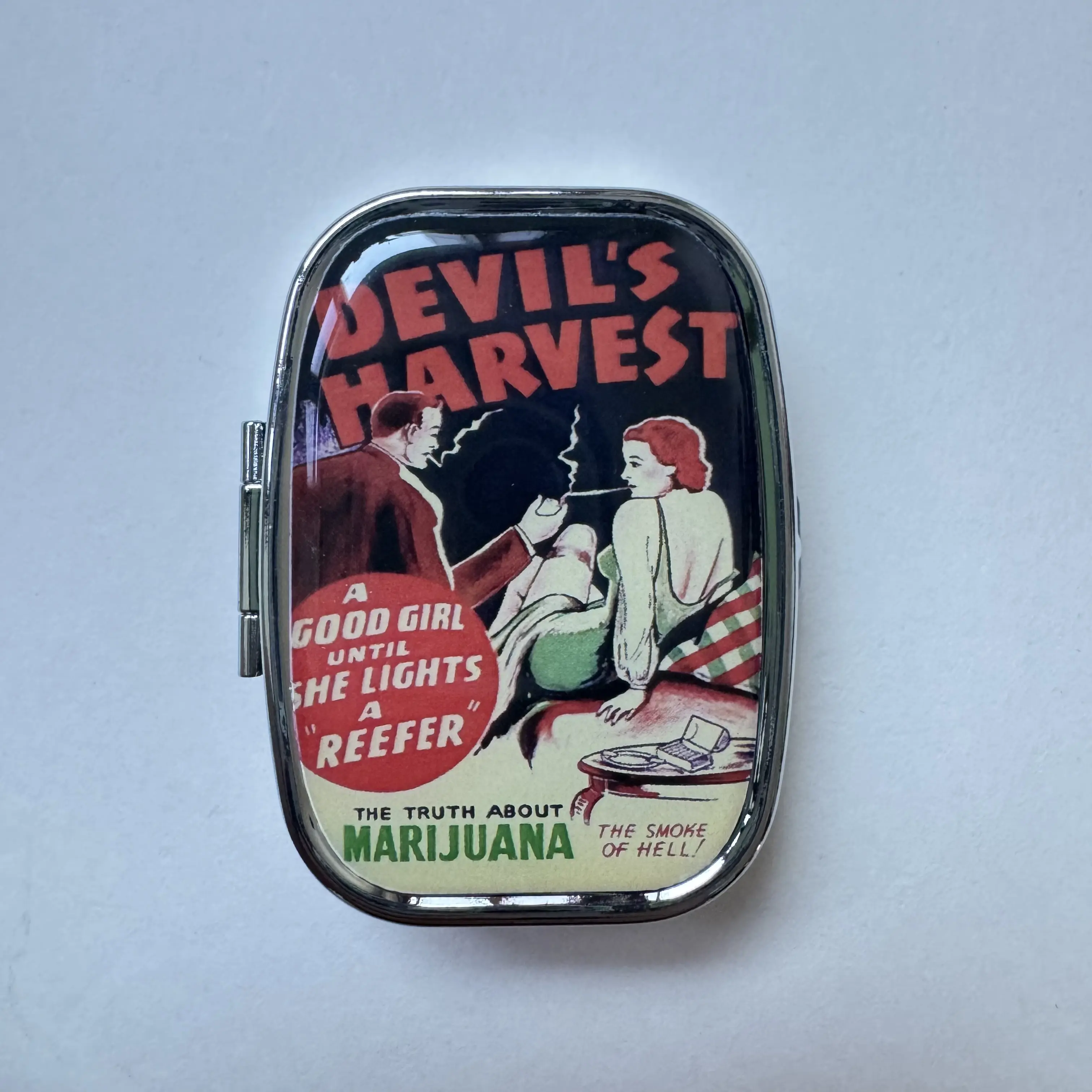 Glossy Metal Pill Organizer - Devil's Harvest Marijuana Vintage Ring Trinket Design, Flip-Top Snap-Button Stash Case with Divided Compartment, Supplement Holder, Medical Storage, Portable Vitamin Keeper, Pill Pack Storage Boxes for Parents, Supplement Org
