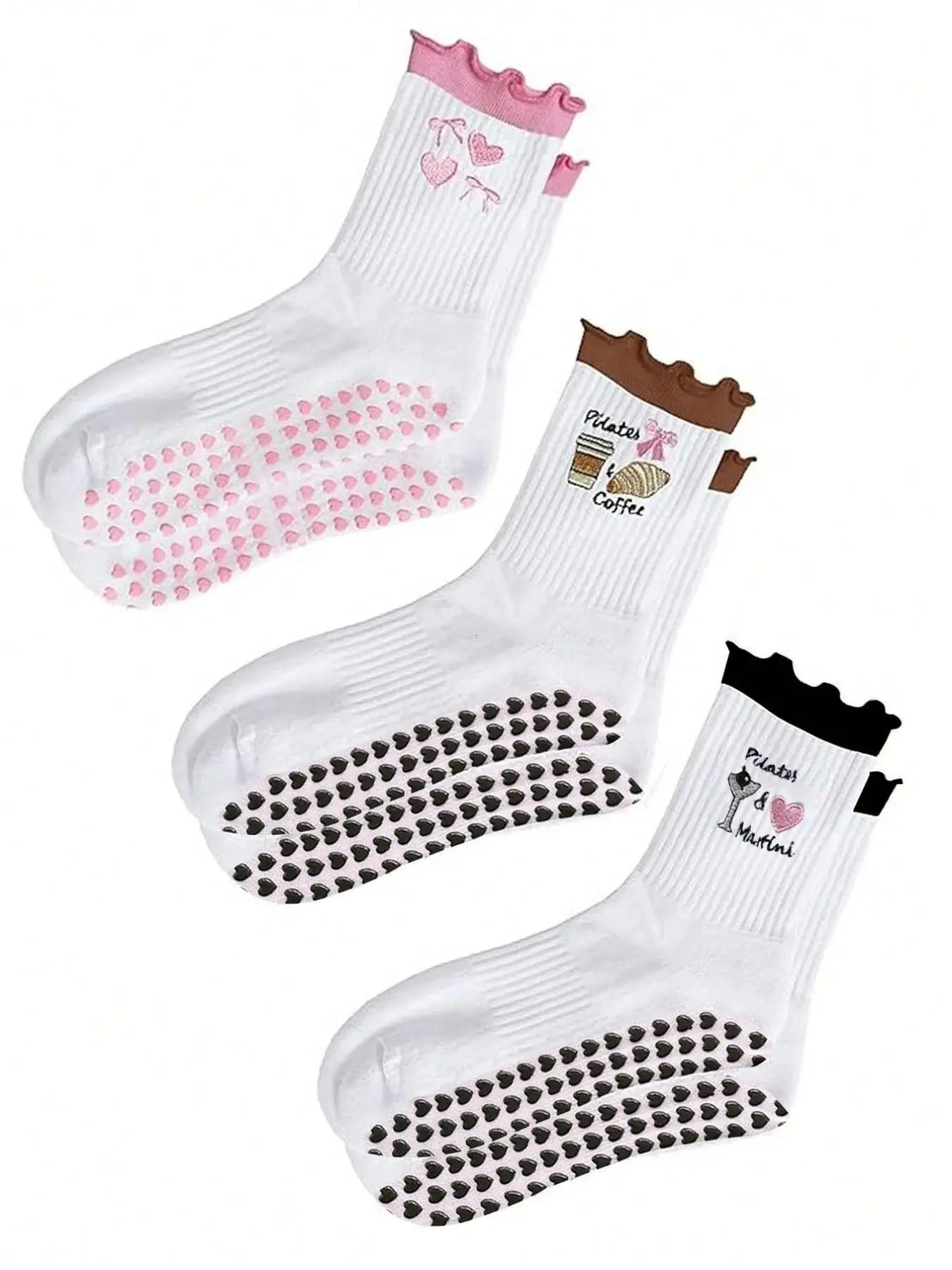 3 Pairs Women's Socks, Cute Princess Style Casual Indoor Pilates Yoga Socks, Sweet Lace Embroidered Crew Socks, Anti-Slip Sport Socks, Comfortable and Odor-Resistant, Casual Comfy Socks