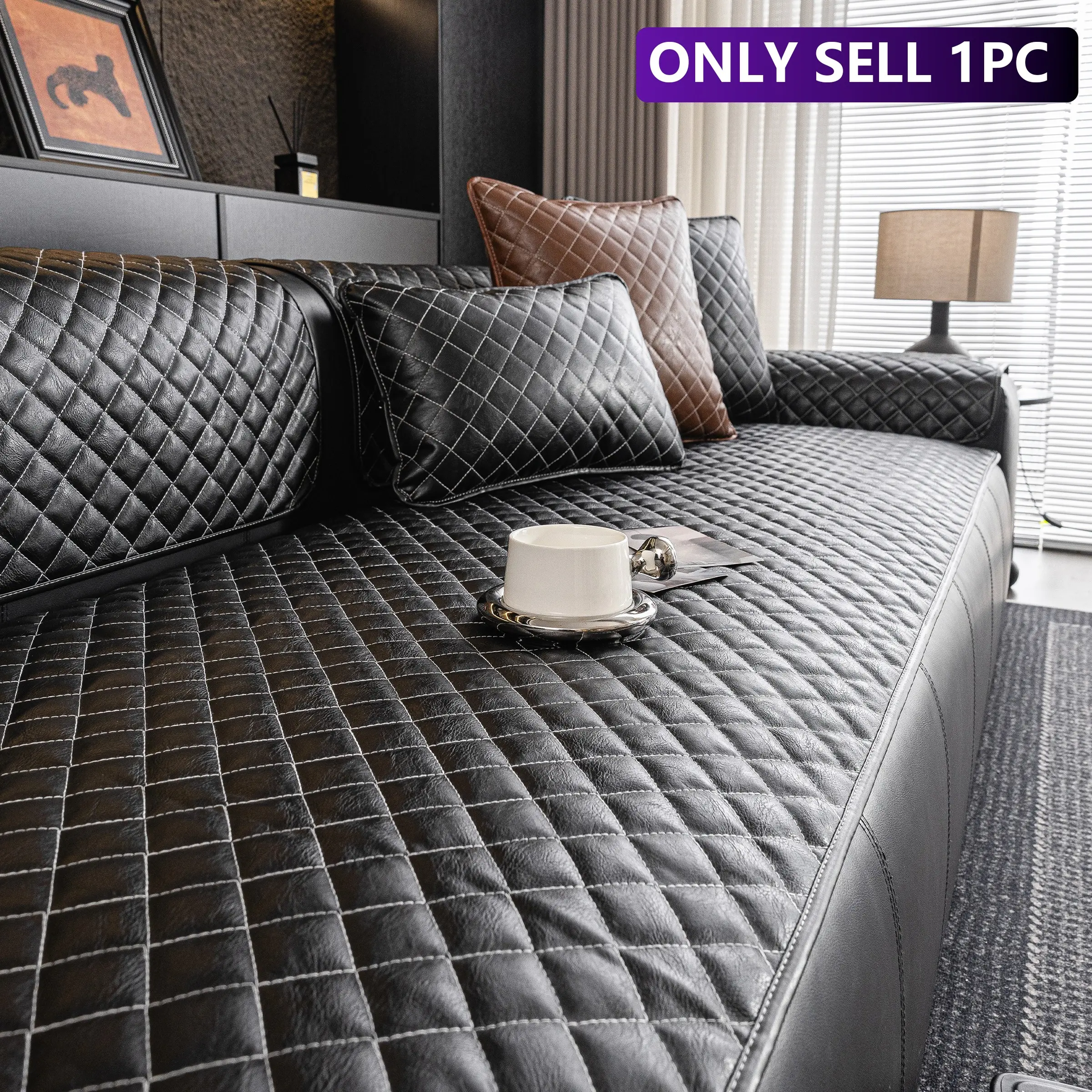 1pc Leather-Look Sofa Cushion, Italian Luxury Rhombus Pattern, Anti-Slip Durable Pet Protection Pad, Fits Straight & L-Shaped Sofas