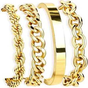 Chunky Gold Bracelets Stack for Women Non Tarnish, 14K Gold Bangle Cuff Bracelets Set for Women Trendy Thick Large Layered Cuban Paperclip Rope Link Stackable Bracelet for Jewelry Gifts
