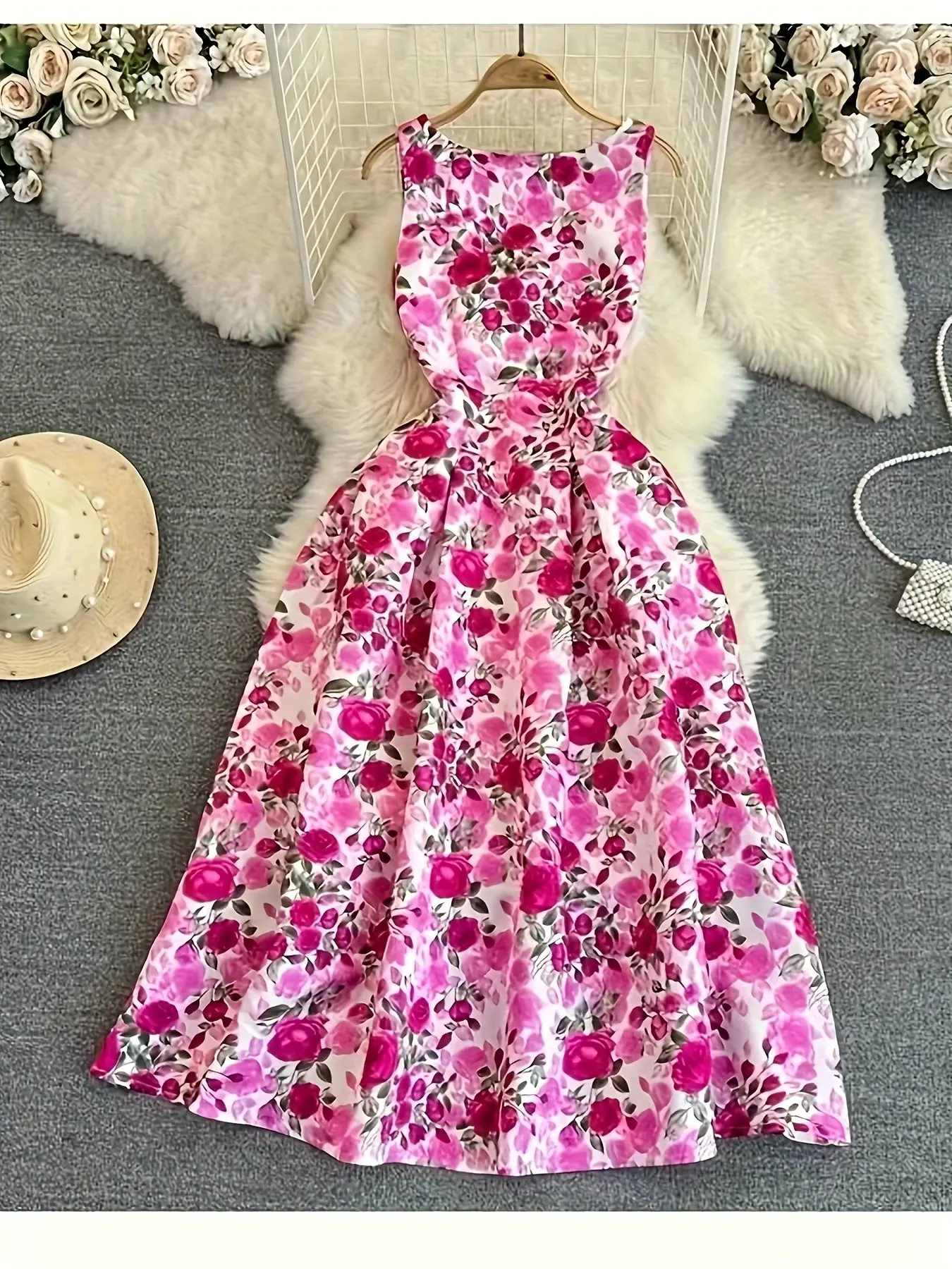 Women's Rose Vintage Romantic Floral Print Sleeveless Midi Dress, Round Neck Slim Fit Elegant Vacation Daily Waist Cinch A-Line Summer Tank Long Dress