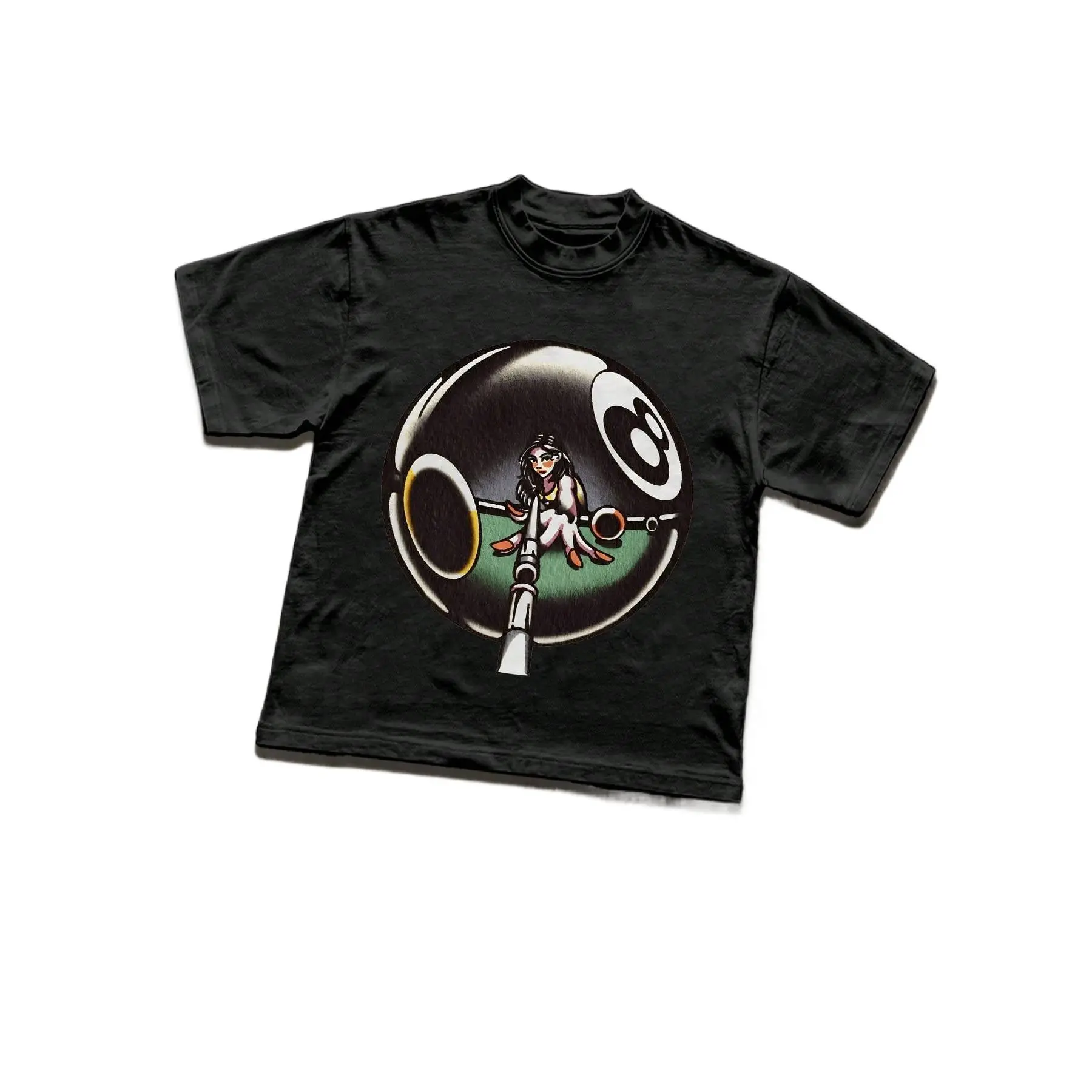 Men's Unisex Vintage 8 Ball Billiards Girl Graphic Oversized T-Shirt - Retro Pool Table Cartoon Black Summer Casual 90s Old School Streetwear Top, Asymmetrical, Machine Washable, Cold Wash, Do Not Bleach, Line Dry, Ideal Gift For Billiard Lovers, Ideal Gi