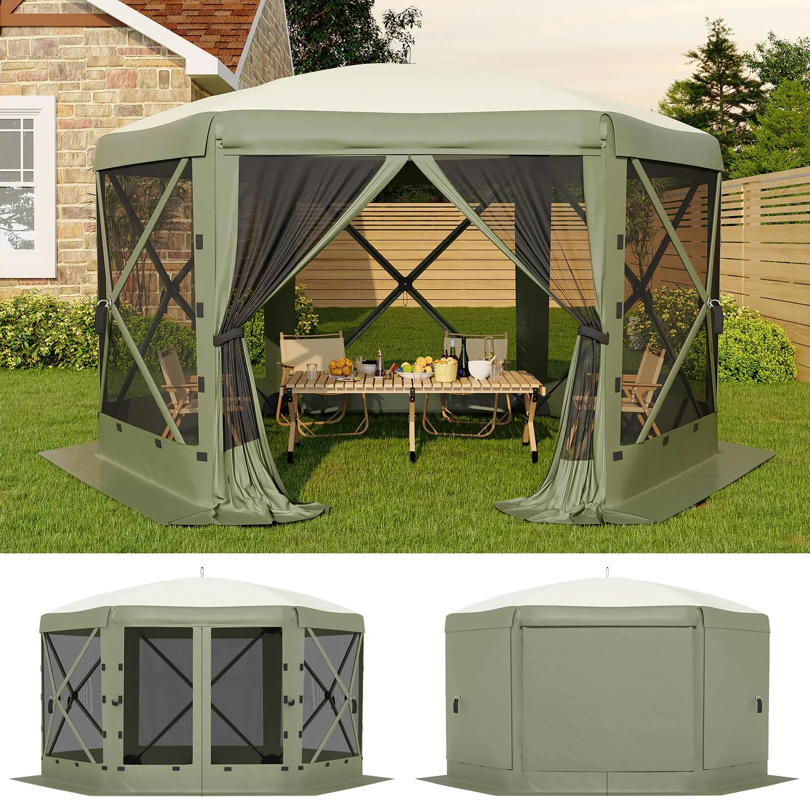 11.5x11.5 FT Instant Screen Tent, Wind & Rain Resistant Canopy with 6 Wind Panels and Full Mesh Walls, Portable Shelter for Camping Backyard Garden