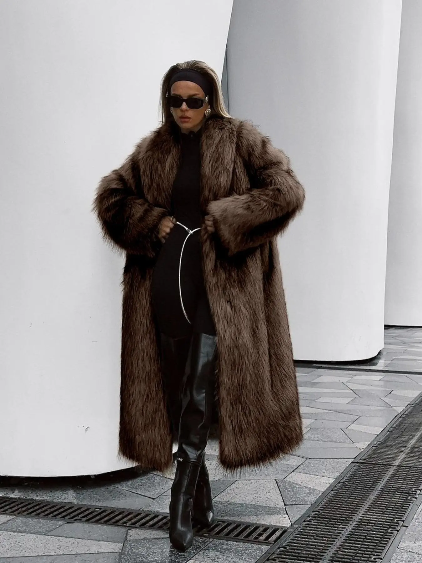 Women's Solid Color Open Front Faux Fur Coat, Elegant Long Sleeve Waterfall Collar Outerwear for Fall & Winter, Women's Clothing for Daily Wear,  Clothing for Women