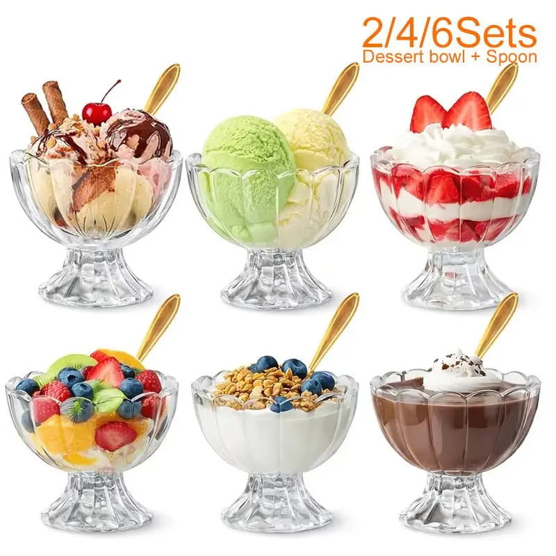 Glass Dessert Bowls Set with Spoons, Serving Bowls, Transparent Tulip Shape Ice Cream Bowl, Wave Edge Mille-Feuille Bowl, Perfect for Sundae, Fruit, Pudding, Banana Split Bowls, Fruit Salad Bowls