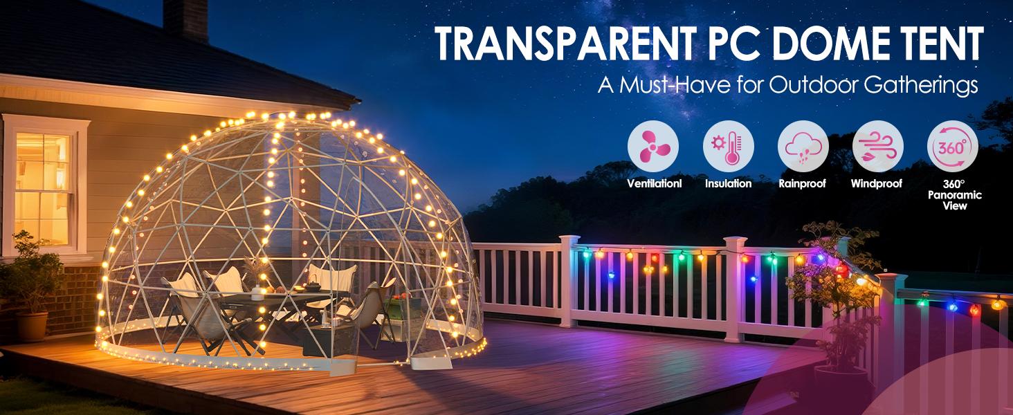 Upgraded 12FT Garden Dome igloo with LED Lights – Camping Shelters with Reinforced PC Cover, 1.5mm Poles & 0.3mm Fabric |   Outdoor globe tent for 6–10 People, Waterproof Windproof for Backyard or Patio