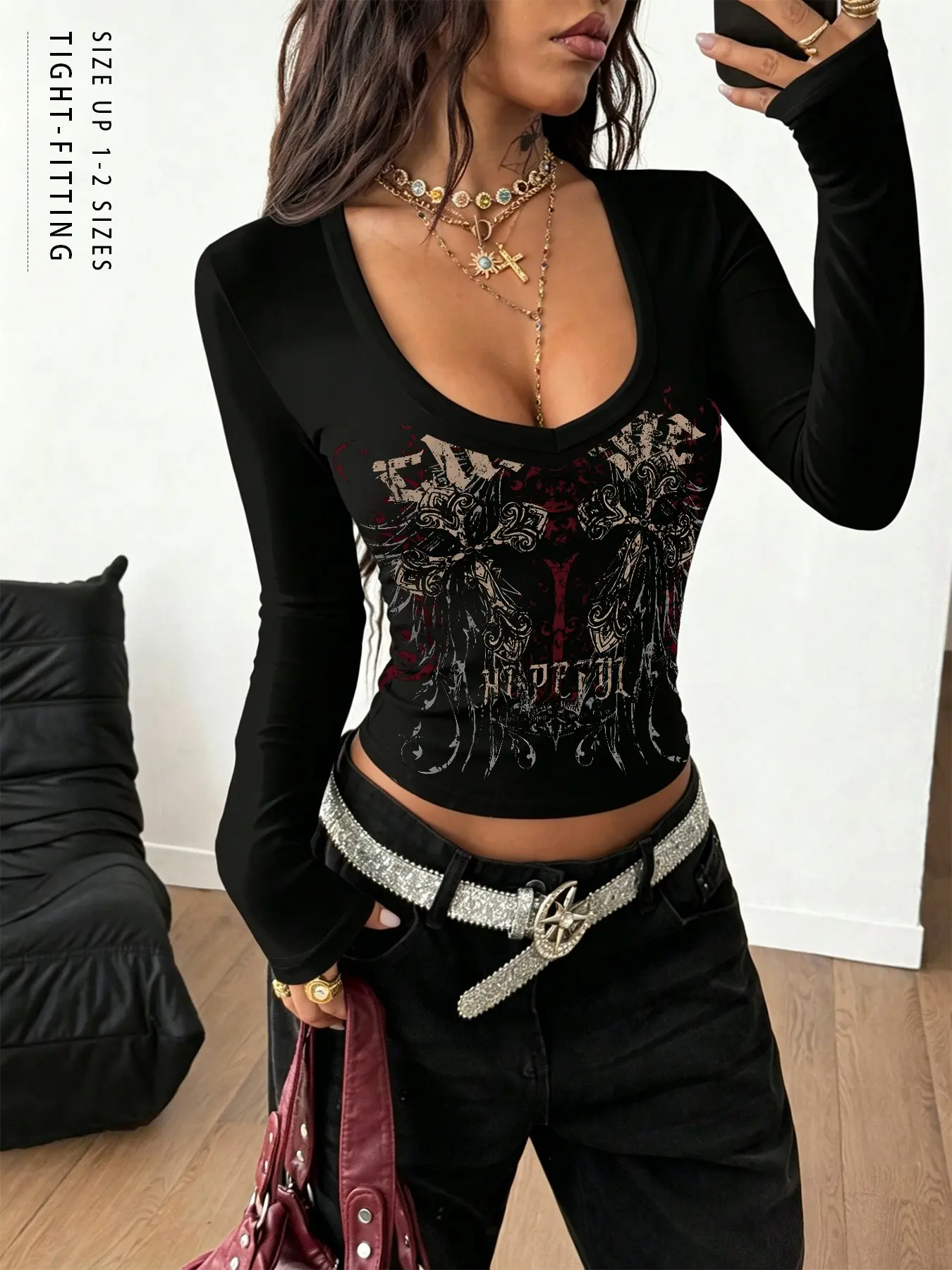 Women Tight Fit Long Sleeve Top, Fashion Gothic Cross Vintage Print, Y2K Club Party Deep V Tee, for Streetwear, Casual and Daily Wear
