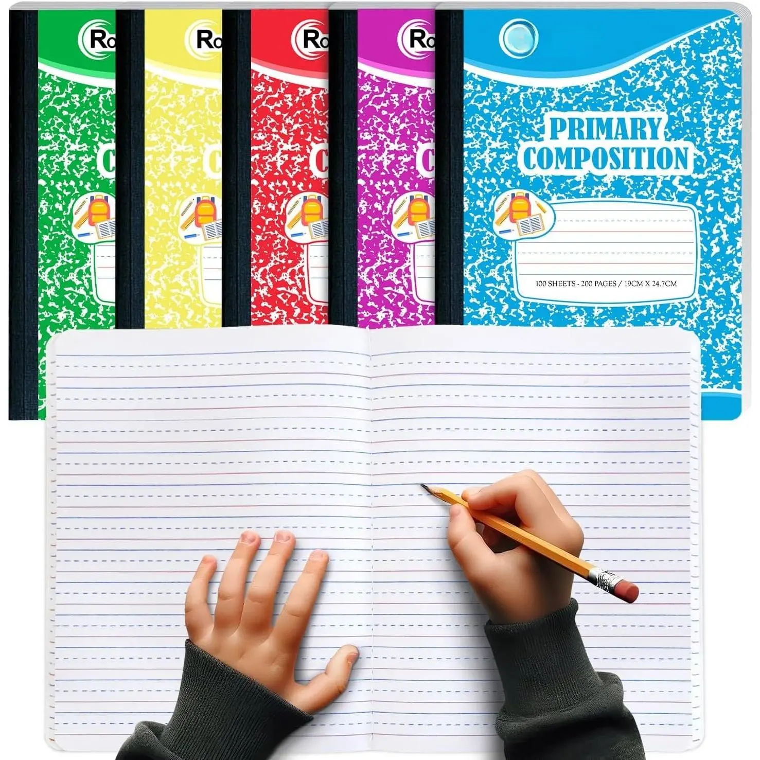 5 Pack Composition Notebooks Primary Ruled, Color Marble Notebooks | Writing Dotted Lined, Grades K-2 Writing Workbook, 200 Pages (100 Sheets), 9-3/4" x 7-1/2", Sewn Binding, Hardcover Notebooks