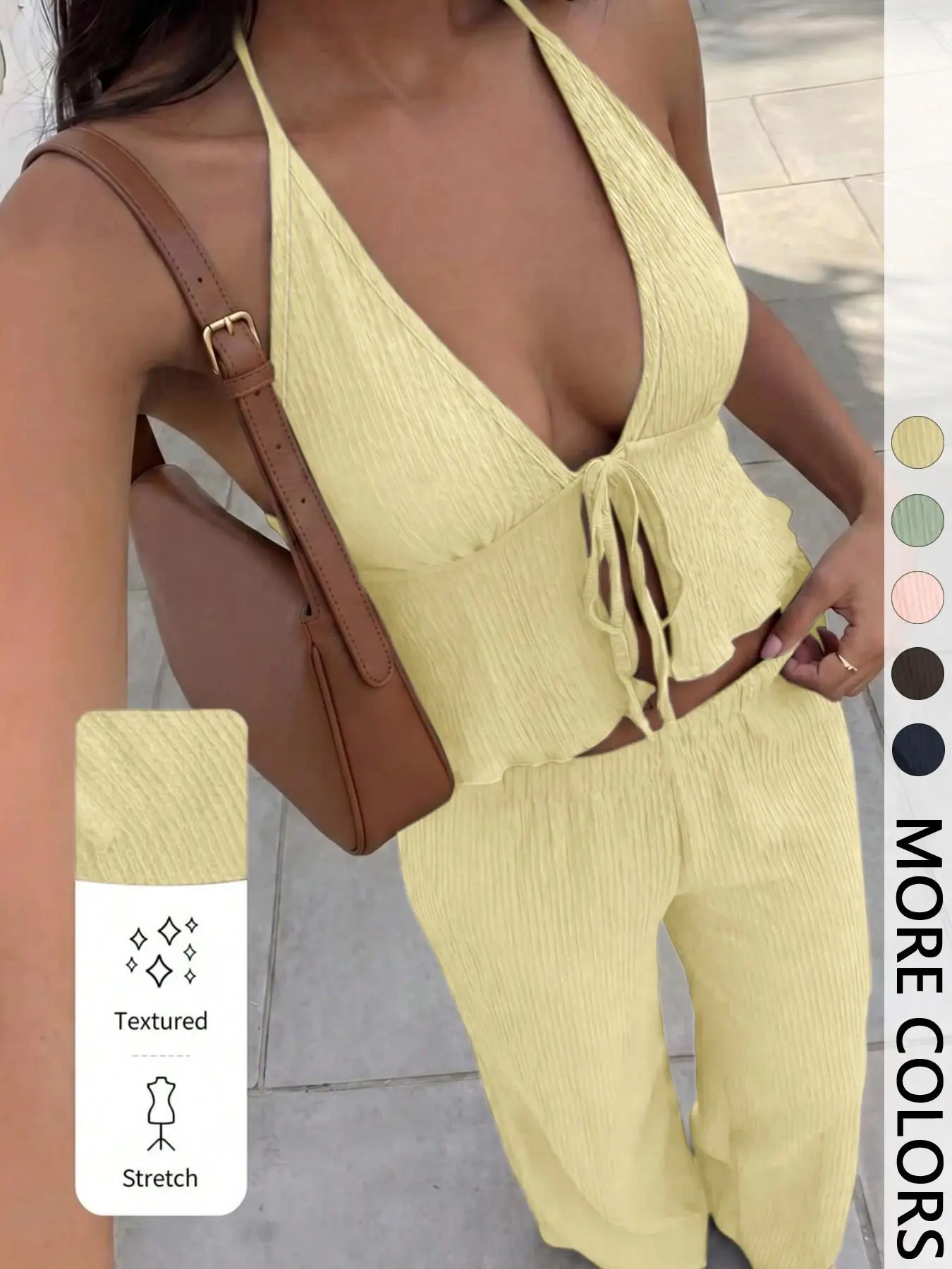 Women's Minimalist Textured Woven Two-Piece Set, Stretchy Lightweight Breathable Halter V-Neck Tie Front Crop Top & Elastic Waist Wide Leg Pants, Daily Casual Vacation Wear