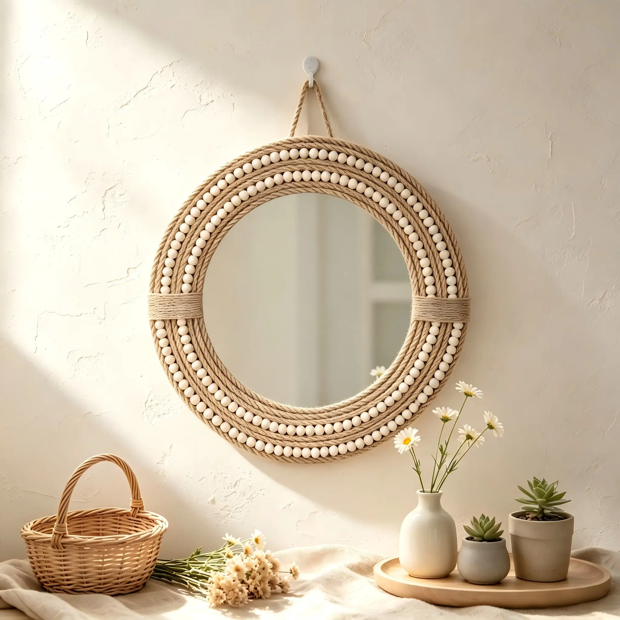 1pc Handcrafted Round Natural Beaded Hanging Decorative Wall Mirror Minimalist Boho Style Double Wood Bead Jute Rope Frame Wall Art for Bedroom, Living Room, Home & Small Spaces