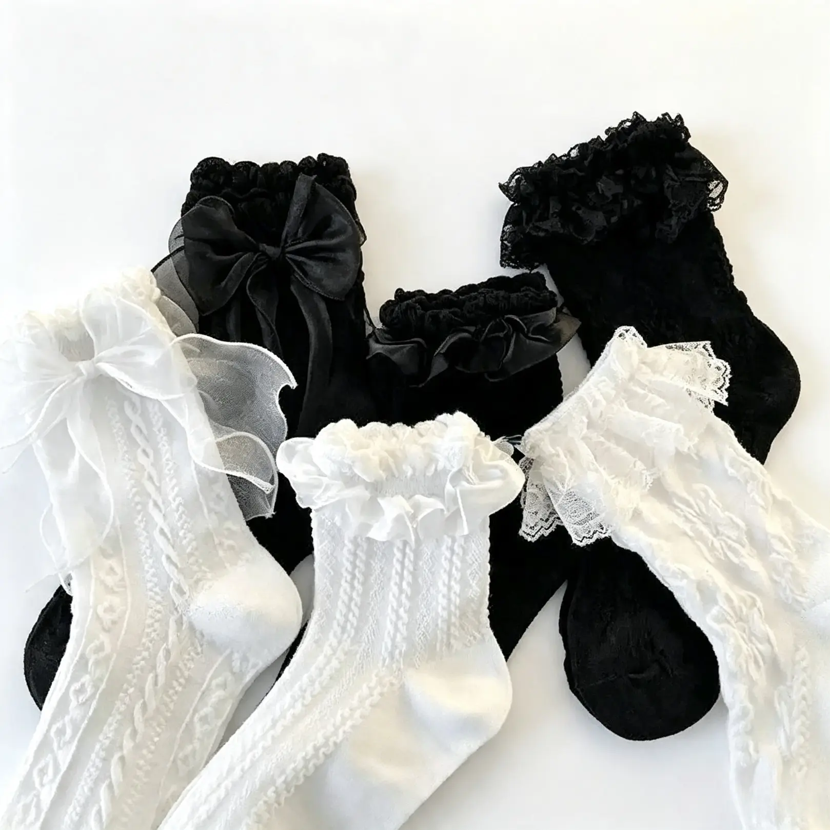 Women’s 6-Pair Coquette Lace Crew Socks - 3D Floral Cable Knit, Sheer Organza Bow, Lightweight Ruffled Breathable Knit Cotton-Blend Mid-Calf Hosiery, Elastic Vintage Streetwear Accessory for Gothic & Casual Outfits (Cold Hand Wash)