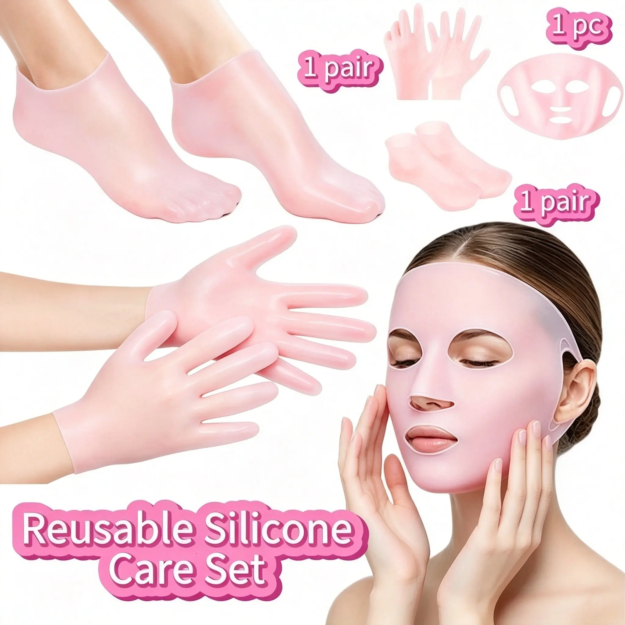 3pcs Silicone Moisturizing Set - Mask Cover, Silicone Gloves, Socks, Skincare Tools, Self care tool, Anti-Evaporation, Anti-Slip Fixed Mask Strap, Beauty Tools to Chapped Skin, Daily Care for Hands And Feet