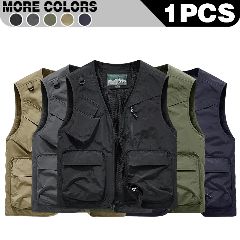Men's outdoor vest with multiple pockets, loose fitting vest, casual jacket, V-neck slanted pocket vest