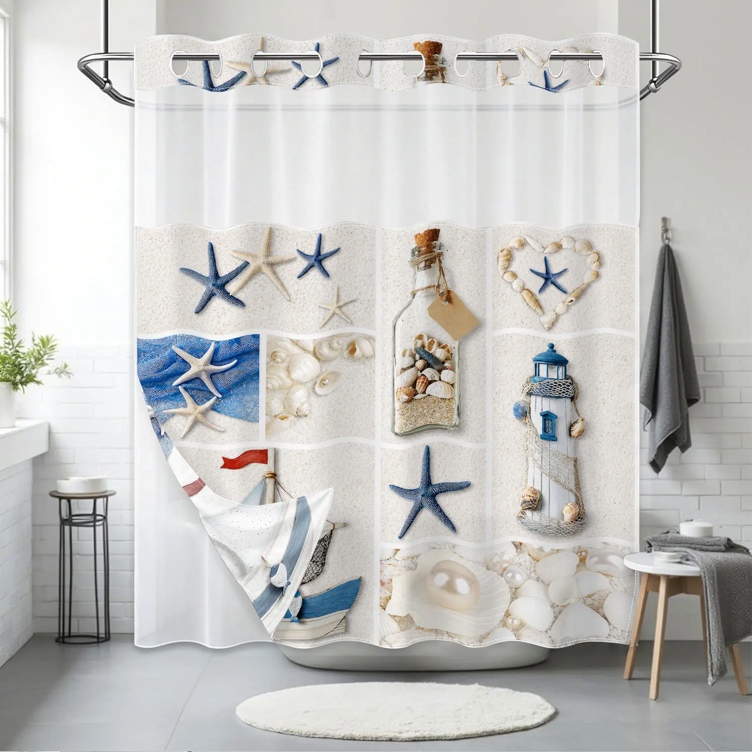 Ocean Beach Double Layer Hookless Shower Curtain | Waterproof Stylish Ocean Theme Starfish, Shells, & Lighthouse Print Shower Curtain, Ultra-Easy Installation (no hooks!) | Durable & Easy Clean | Perfect for Beach House Bathroom Decor