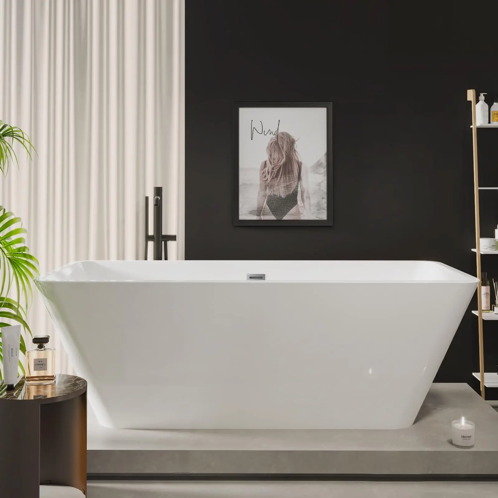 Modern Rectangular Acrylic Freestanding Bathtub – Soaking Tub with Glossy White Finish, Chrome Drain & Linear Overflow, Easy Installation