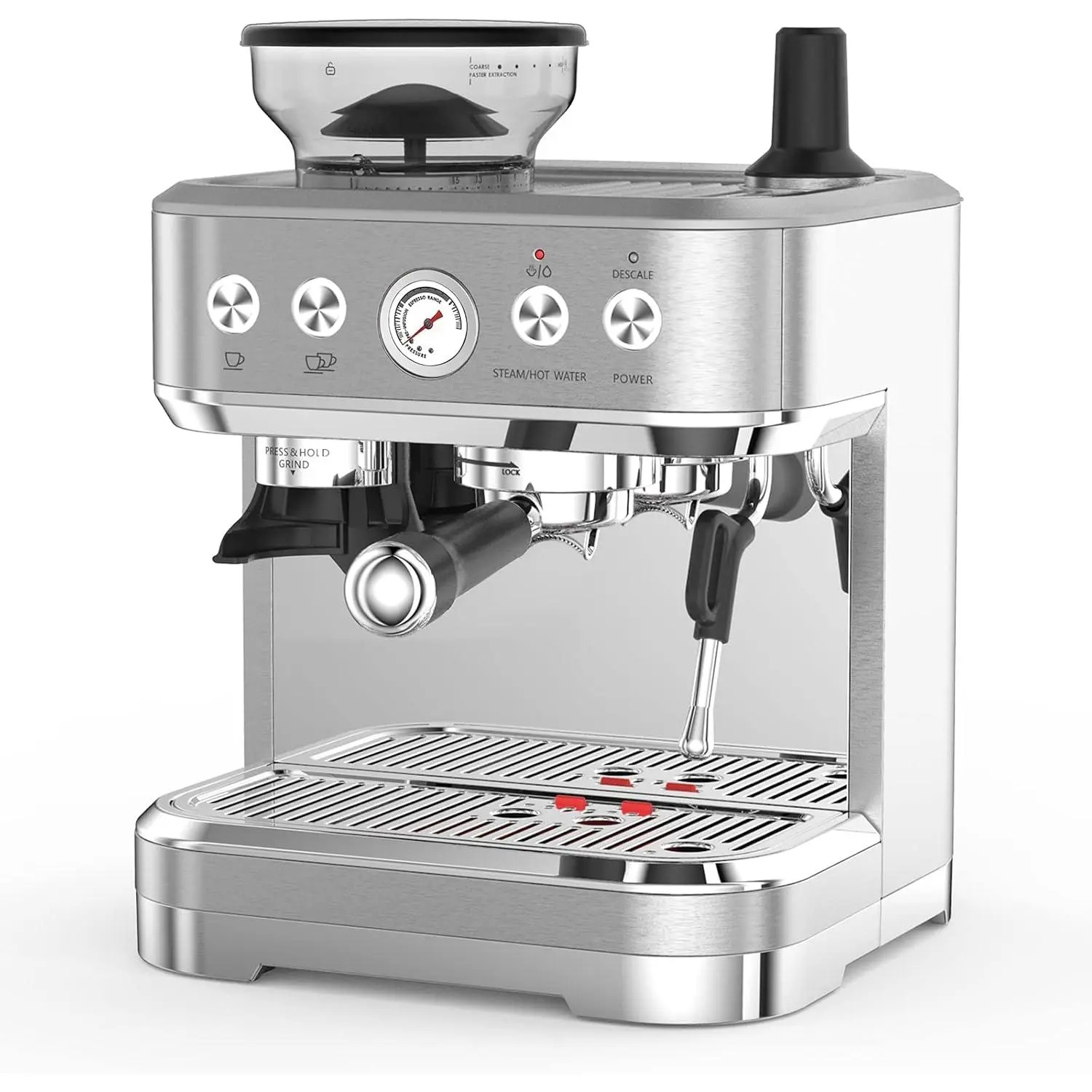 Stainless Steel Espresso Machine with Built-In Milk Frother and Grinder, 15 Bar Pressure, 2.5L Tank, Versatile for Home Office Use, Suitable for Small Cafes, 15 Size Options - Silver