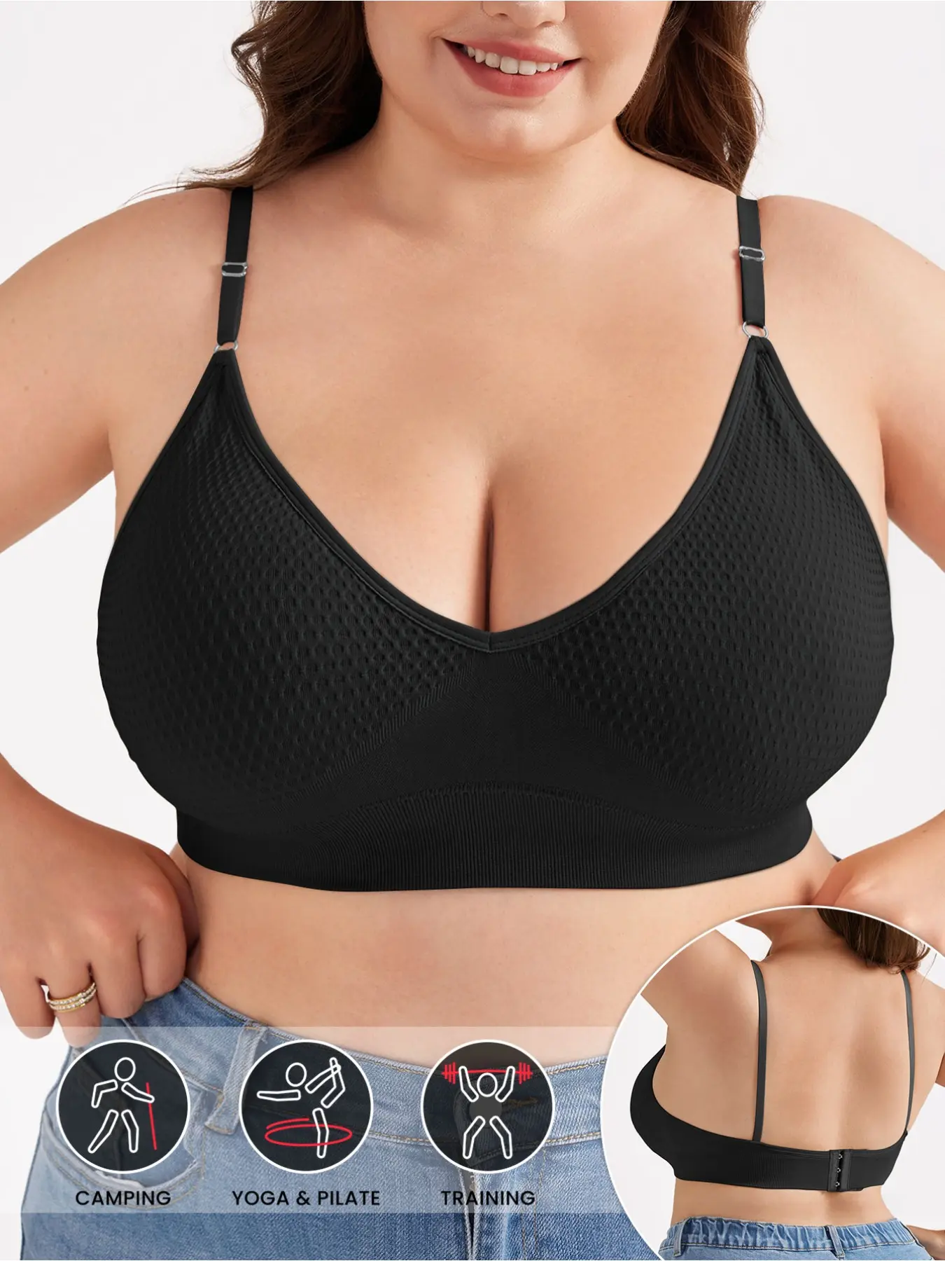 Plus Size Women's Back Buckle Bra, Comfortable Triangle Cups, Detachable Pads, Adjustable Straps, Ruched Design, All Seasons Wear