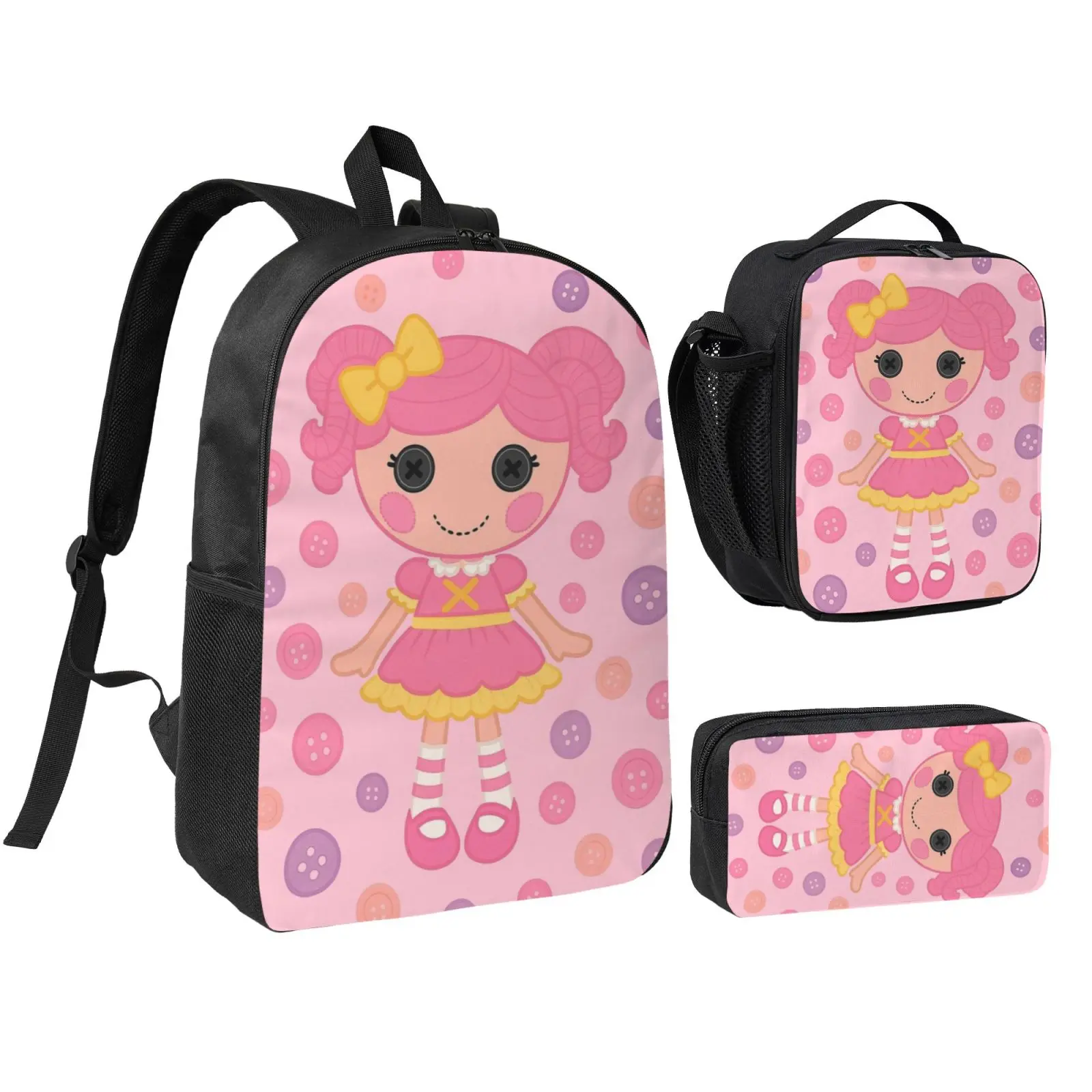 Anime Lalaloopsy1 3Pcs School Backpack Set for Teens Boys Girls, Adjustable Strap Kids Bookbag with Insulated Lunch Bag & Pencil Case, Lightweight Travel Office Daypack, School Style Backpack, Student Backpack