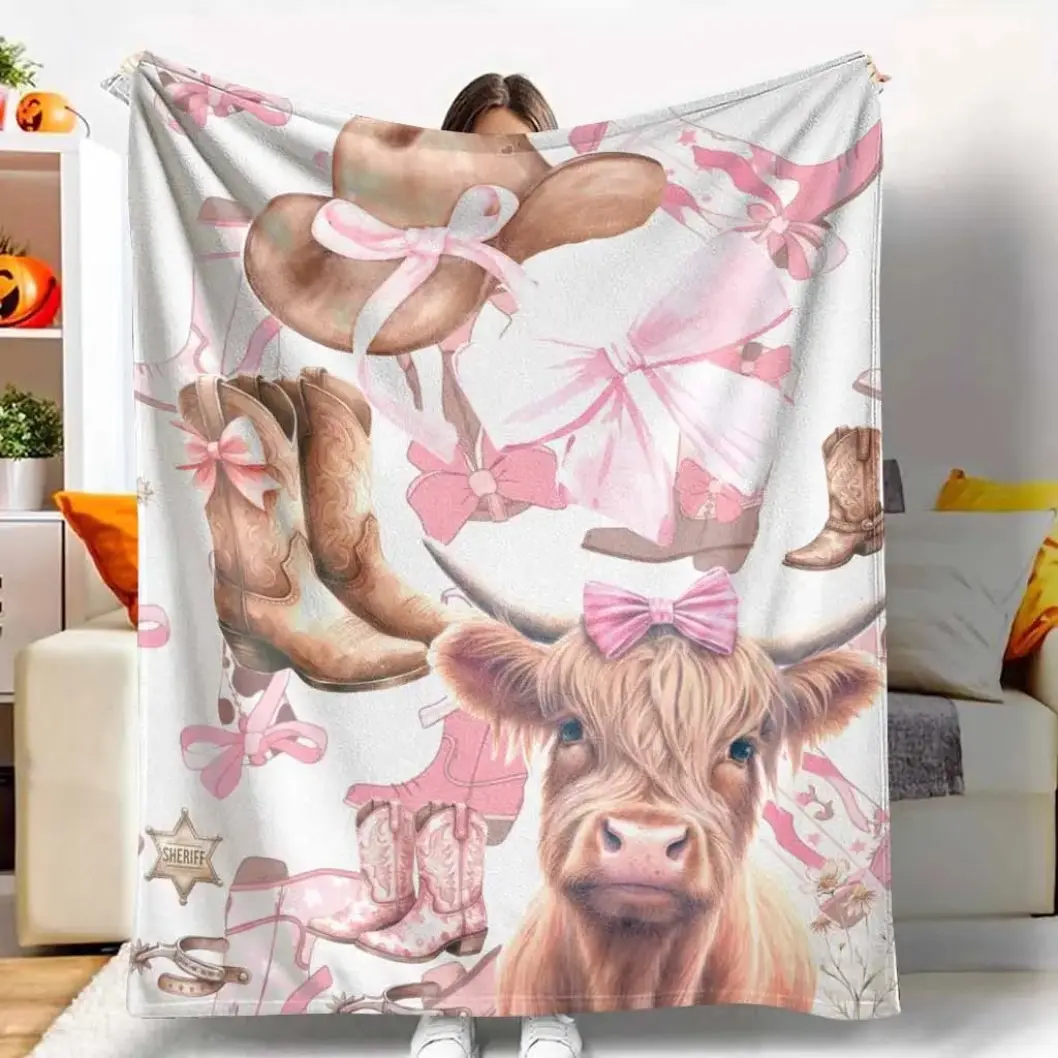 Cow Print Flannel Throw Blanket, Cowgirl Pink Bow Western Boots Hat Design, Soft Cozy Lightweight Warm Blanket for Bedroom Sofa Camping, Western Farmhouse Home Decor Gift for Adults Kids, Throw Blankets, Blankets