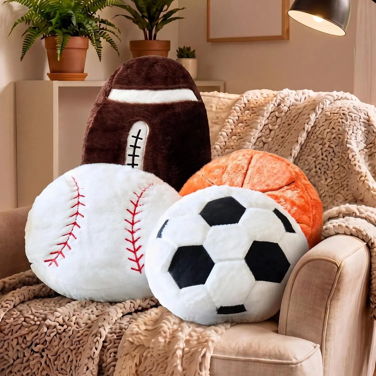 Medium Size Plush Fabric Ball Shape Sports Throw Pillows - Soccer, Basketball, Baseball Cushions for Room Decor, Birthday Presents (Assorted Colors, 4-Pack), Bedroom Decor Ideas