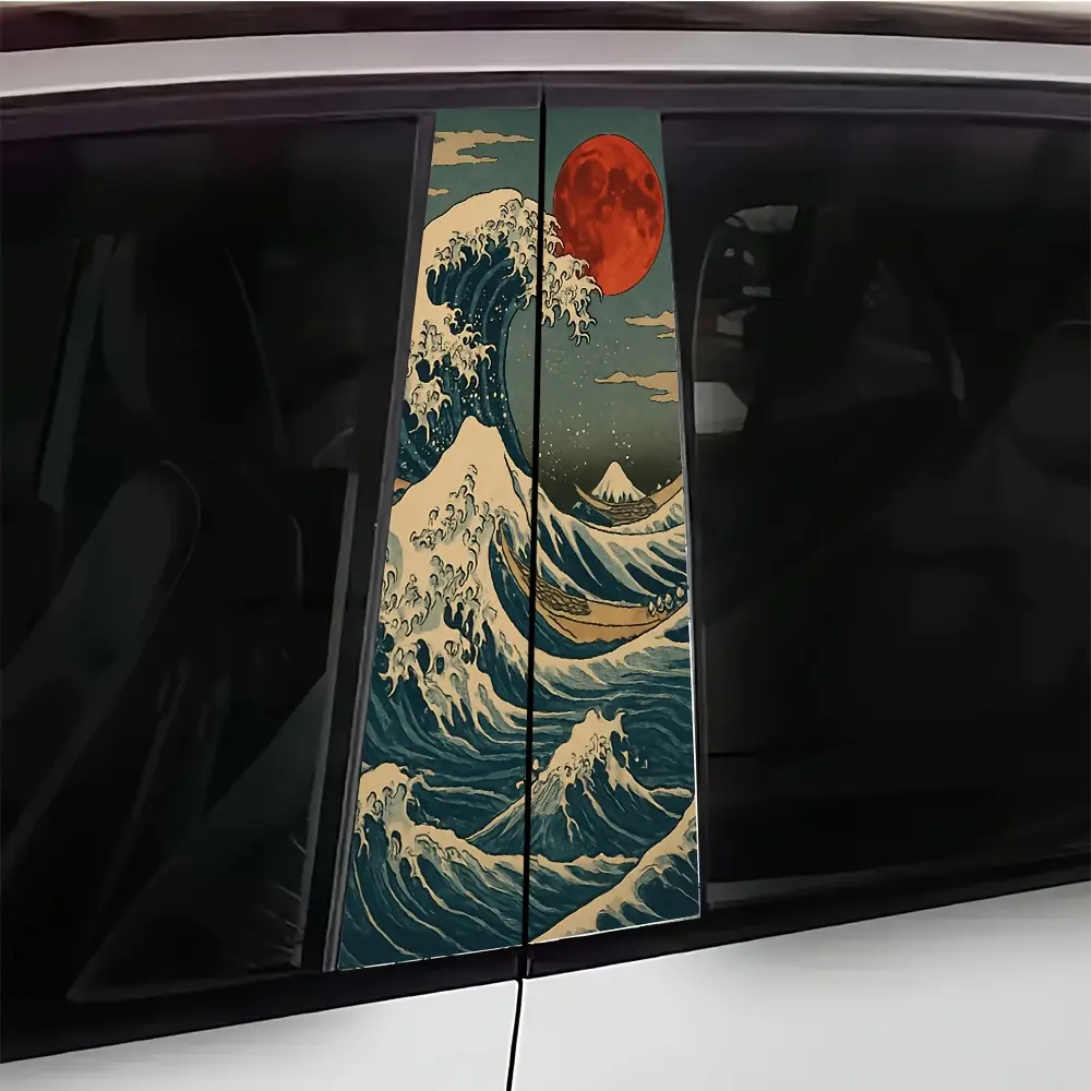 2pcs Japanese Ukiyo-e Style Kanagawa Surfing Car B-Pillar Stickers - Wave, Red Sun and Mount Fuji Design Waterproof Decals for Cars, Easy to Apply and Durable Suitable for Sedans, SUVs, MPVs