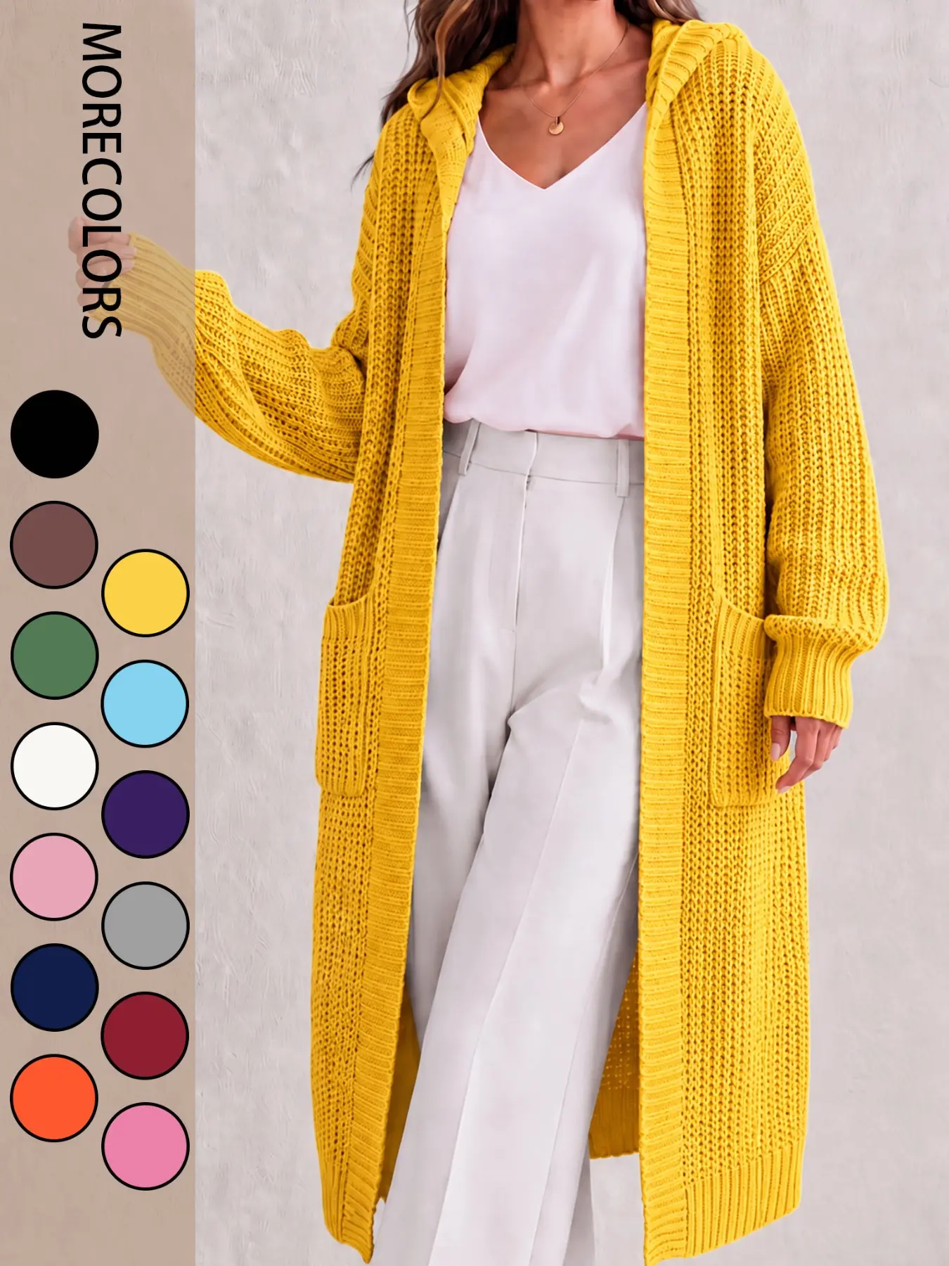 Hooded Long Knit Cardigan for Women, Open Front Chunky Knit Oversized Sweater Coat With Side Pockets, Fall Winter Casual Daily Layering Outerwear