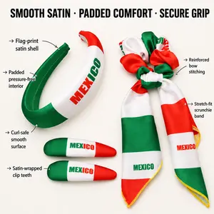 Mexico Team Color Hair Clips & Headband  Women’s 4-piece hair accessory kit, featuring flag pattern headband and vivid team colored hair clips, stylish daily decor perfect for fans and group hangouts