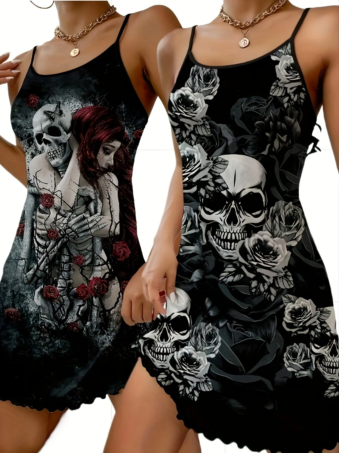 2-Piece Women's Skull Print Cami Nightgowns, Ruffled Hem, Halloween Choice, Comfortable Sleepwear & Loungewear for Ladies