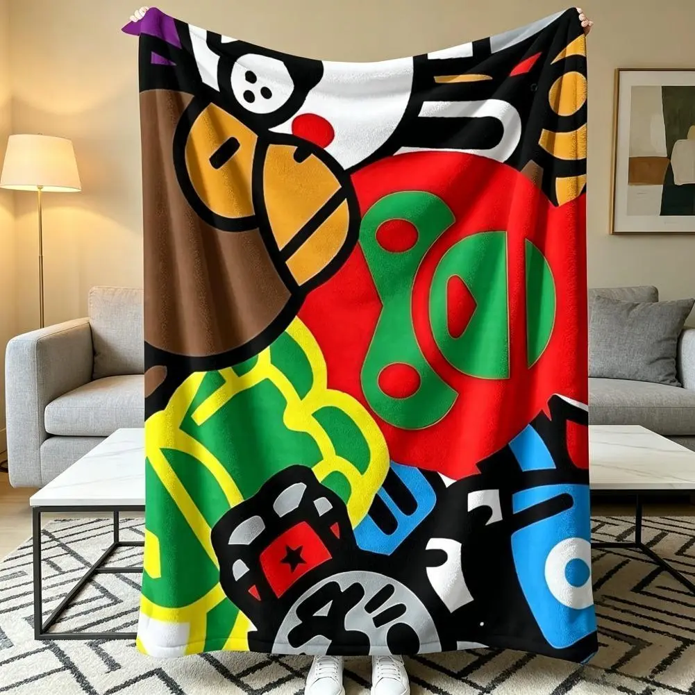 Colorful Patchwork Flannel Blanket, Streetwear Cool Character Design, Soft Throw Blanket for Sofa Bed, Camping, Office Nap, Streetwear Gamer Gift
