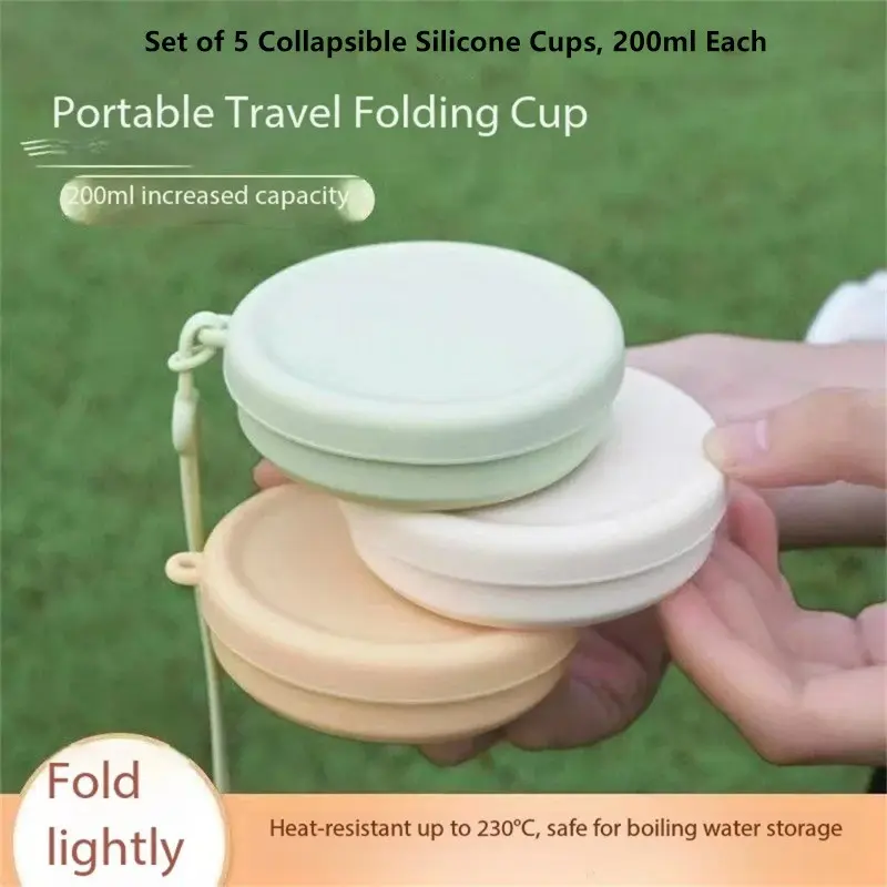 Five-Piece 200ML Foldable Silicone Cups with Lids, Camping Expandable Drinkware Set, Reusable Backpack Travel Gear, Outdoor Essentials