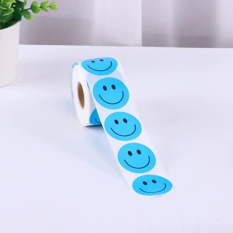 1 Roll. Blue/Orange Smiley Face Stickers – 1-inch Circular Smile Labels for Rewards, Motivation, Crafts, and Parties.