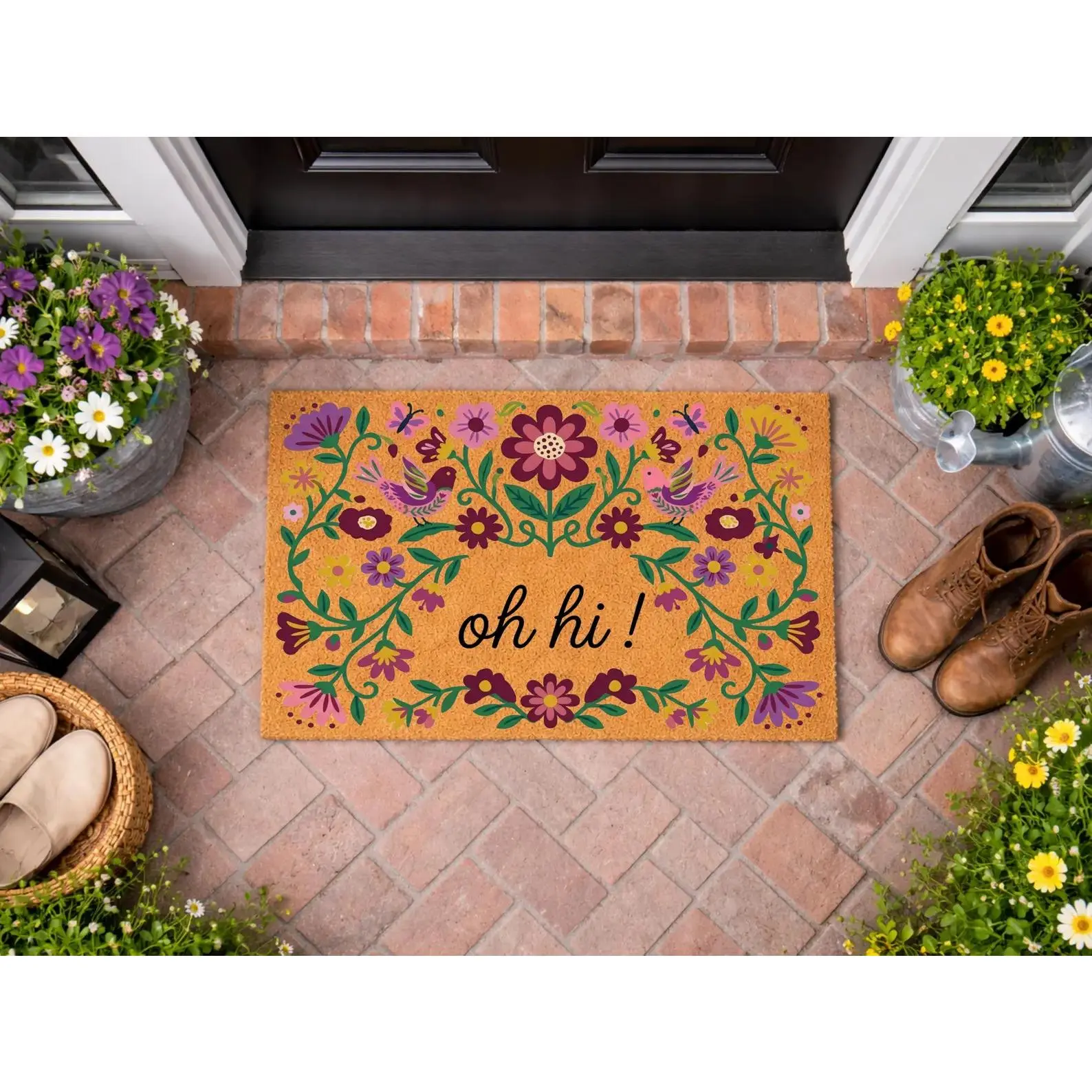 Oh Hi Floral Welcome Doormat - Colorful Minimalist Cottage Style Front Porch Decor, Antibacterial Natural Mud Entry Rug for Entry Areas, Piano Inspired Housewarming Gift