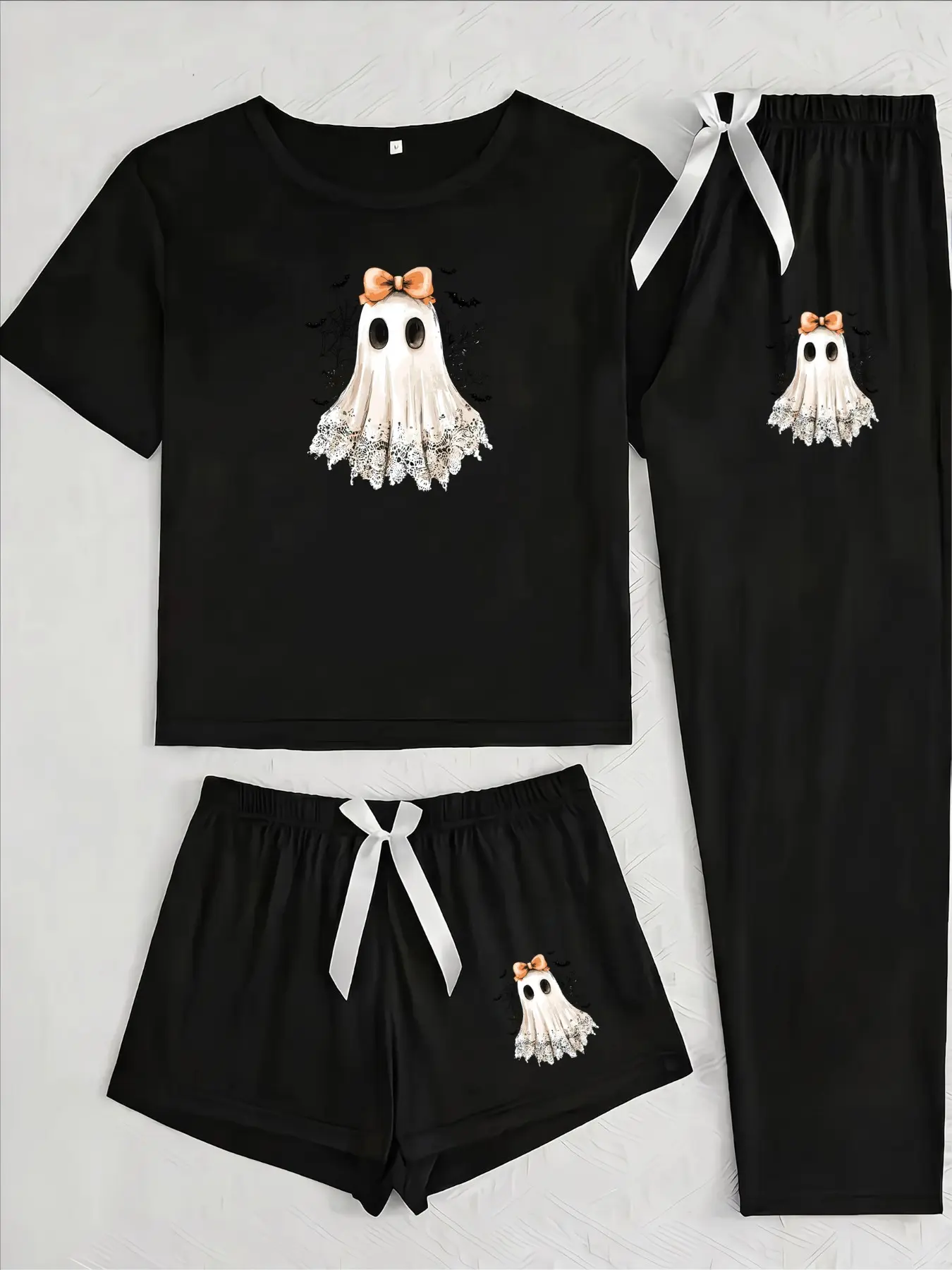 Three-Piece Pajama Set for Women, Halloween Bat Ghost Print, Loose-Fitting Casual Sleepwear, All Seasons Comfortable Nightwear