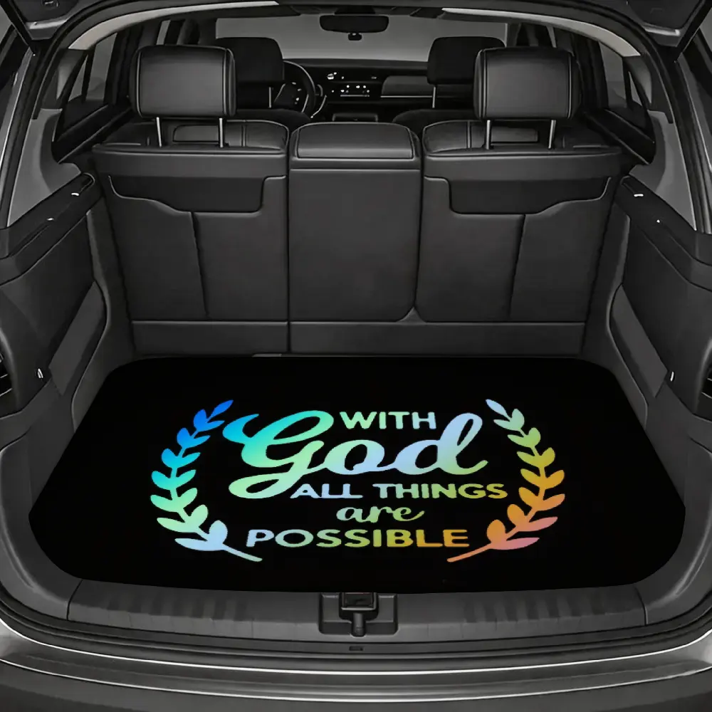 Christian Car Trunk Mat, Waterproof Cargo Liner, With God All Things Are Possible Quote Rainbow Laurel Wreath Design, Non-Slip Rubber Backing Durable Fabric, Faith Based Vehicle Interior Protection, Universal Fit Single Piece