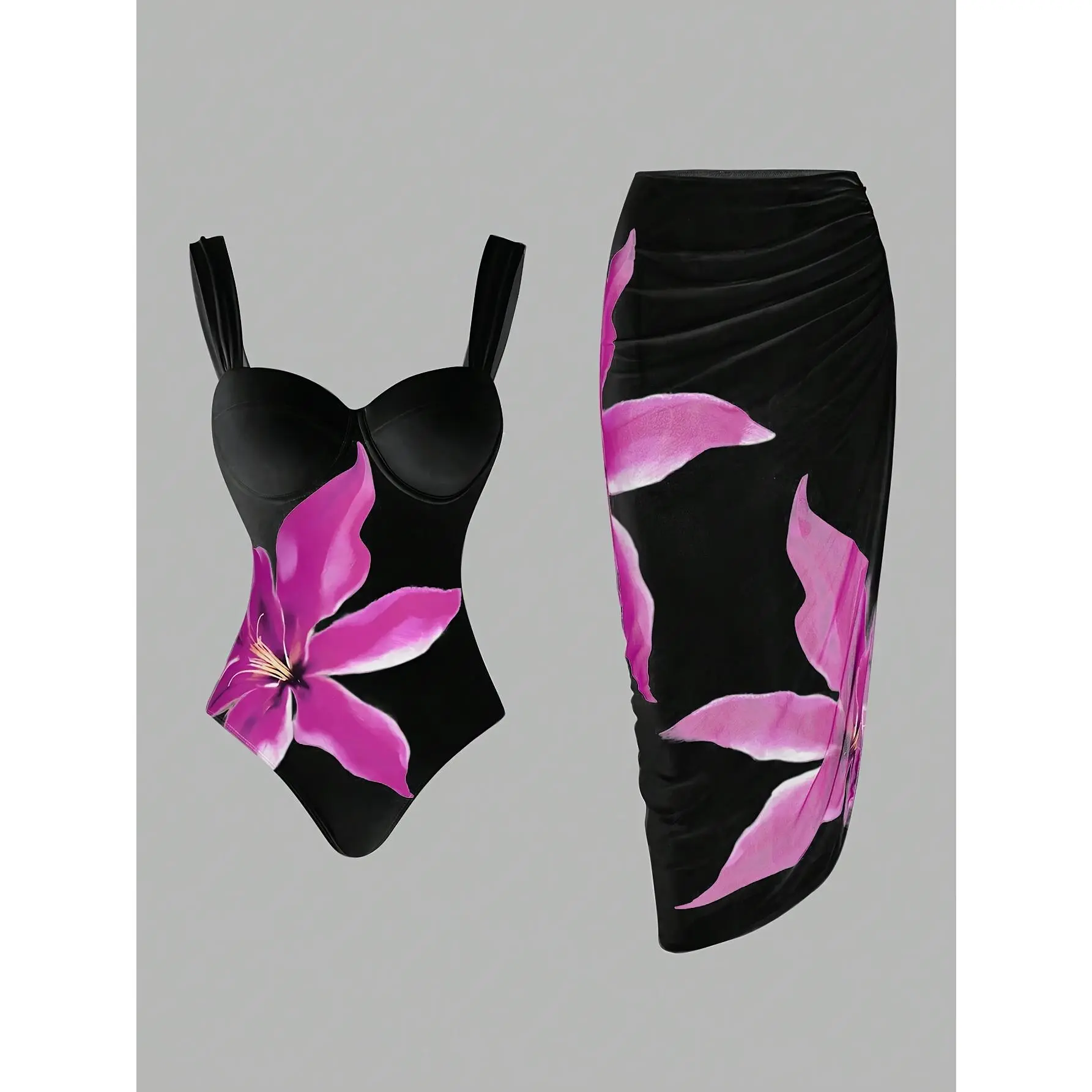 Women's 2026 New Euro-American Fashion 2-Piece Sunscreen Swimsuit - Black Pink Floral, Sexy, Elegant Sunwear (Sports & Outdoor Swimwear)