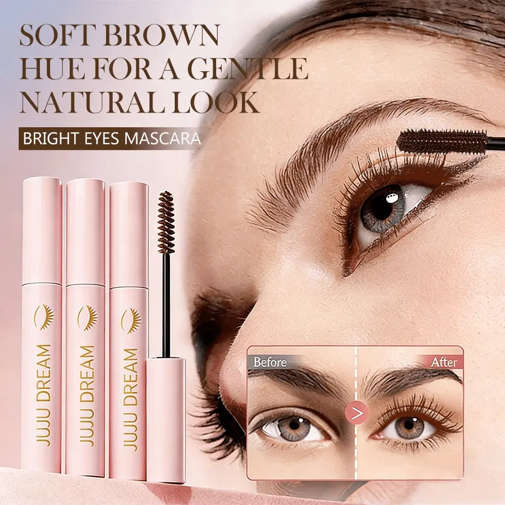 JUJU DREAM 3 Pcs Espresso Brown Mascara, soft warm coffee brown shade creates gentle natural eye makeup, spiral bristle wand coats lashes evenly to build slender curled voluminous lash look, smooth creamy formula, waterproof long wear anti-smudge