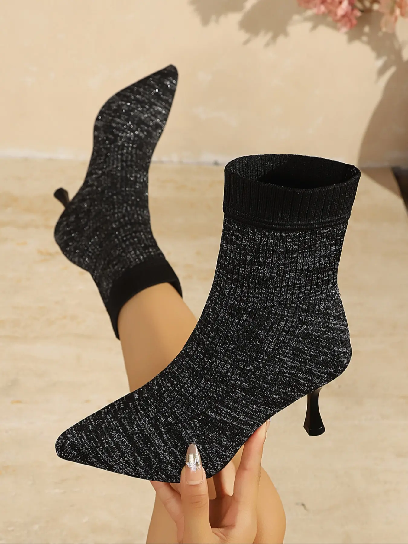 Women's Marled Knit Stretch Sock Ankle Boots, Pointed Toe Thin Stiletto Heel Booties, Elastic Cuff Back Zipper Soft Lining Footwear, Non-Slip Wear Resistant Outsole, Autumn Winter Daily Party Slim Fit Short Boots