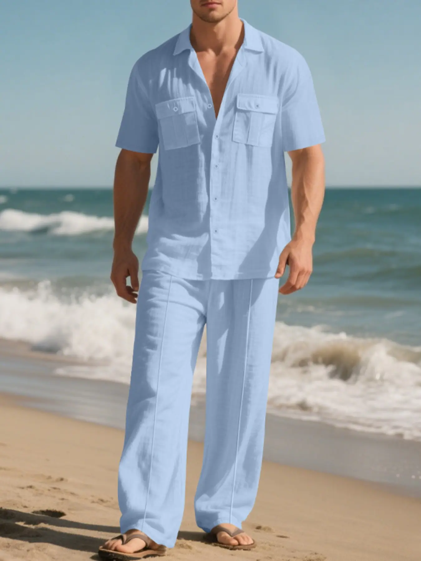Men's linen Cuban collar short-sleeved pants set - double chest pockets - casual vacation style lightweight outfit - breathable, loose and smooth fit - versatile for daily commuting and outings - Valencia Pant Set