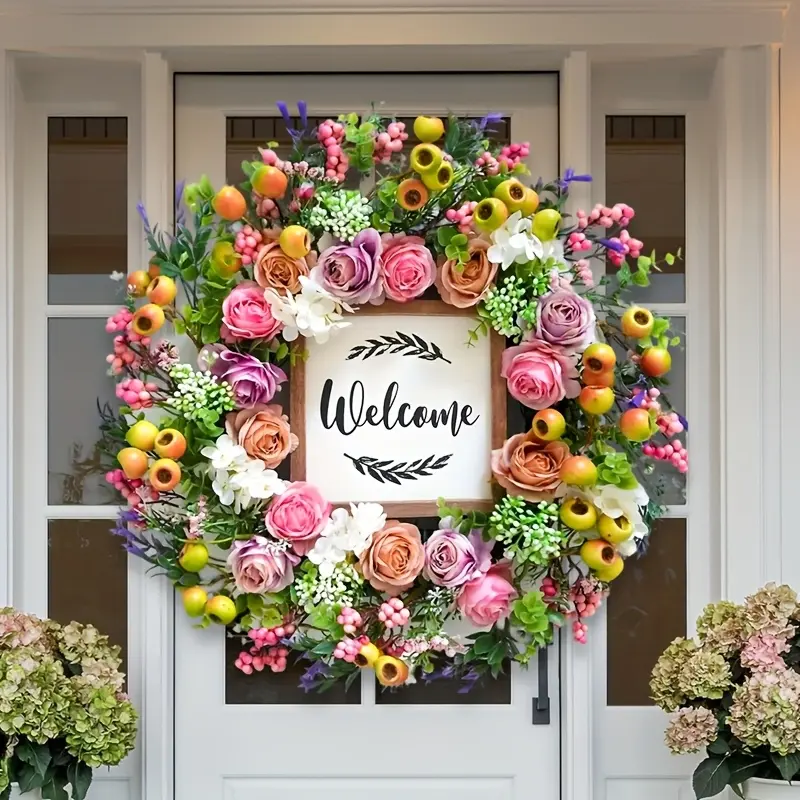 18-Inch Spring/Summer Welcome Wreath – Artificial Berries and Floral Decor with "Welcome" Sign; All-Season Wall and Window Decoration; Ideal for Mother's Day, Graduation Gifts, Front Doors, Front Porch Decor, and Summer Decor; Flower