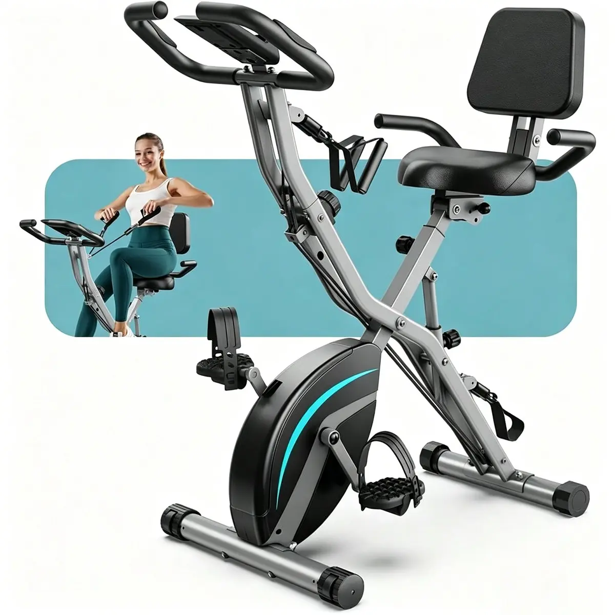 5-in-1 Foldable Exercise Bike - Compact Exercise Equipment, Work Out Equipment for Home Gym, Multifunctional Fitness Tool, Home Gym Kit, 6.6-lb Flywheel, 330-lb Weight Capacity, Back Support Pad, Body Sculpting, Cardio, Resistance Training