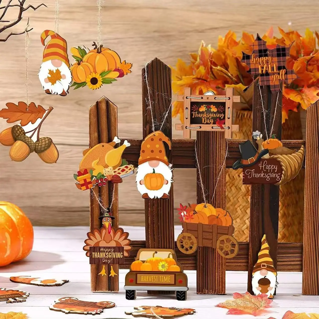 12/24Pcs 2D Flat Wooden Hanging Ornaments, Fall Harvest Wooden Decor with Pumpkin, Gnome, Maple Leaf & Turkey Patterns, Hanging Tags for Home Party, Harvest Festival, Thanksgiving & Christmas Decorations, Party Decor Set