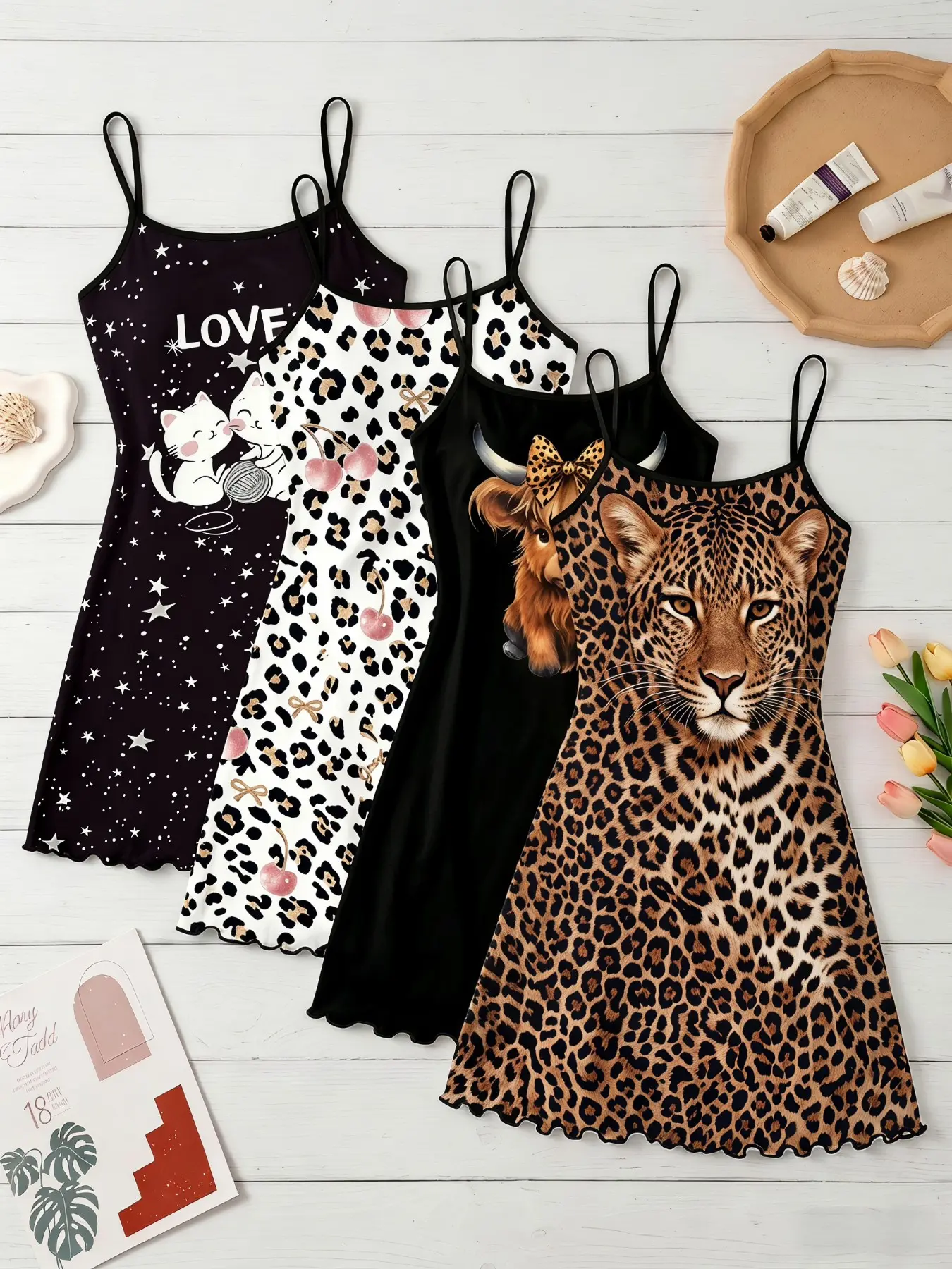 4-Pack Women's Cami Nightdresses, Assorted Prints Leopard, Casual Loose Sleepwear, Spring Summer Home Essentials