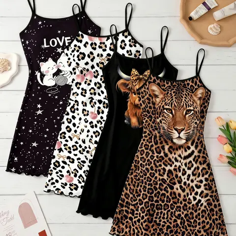 4-Pack Women's Cami Nightdresses Loungewear, Assorted Prints, Casual Loose Sleepwear, Spring Summer Home Essentials