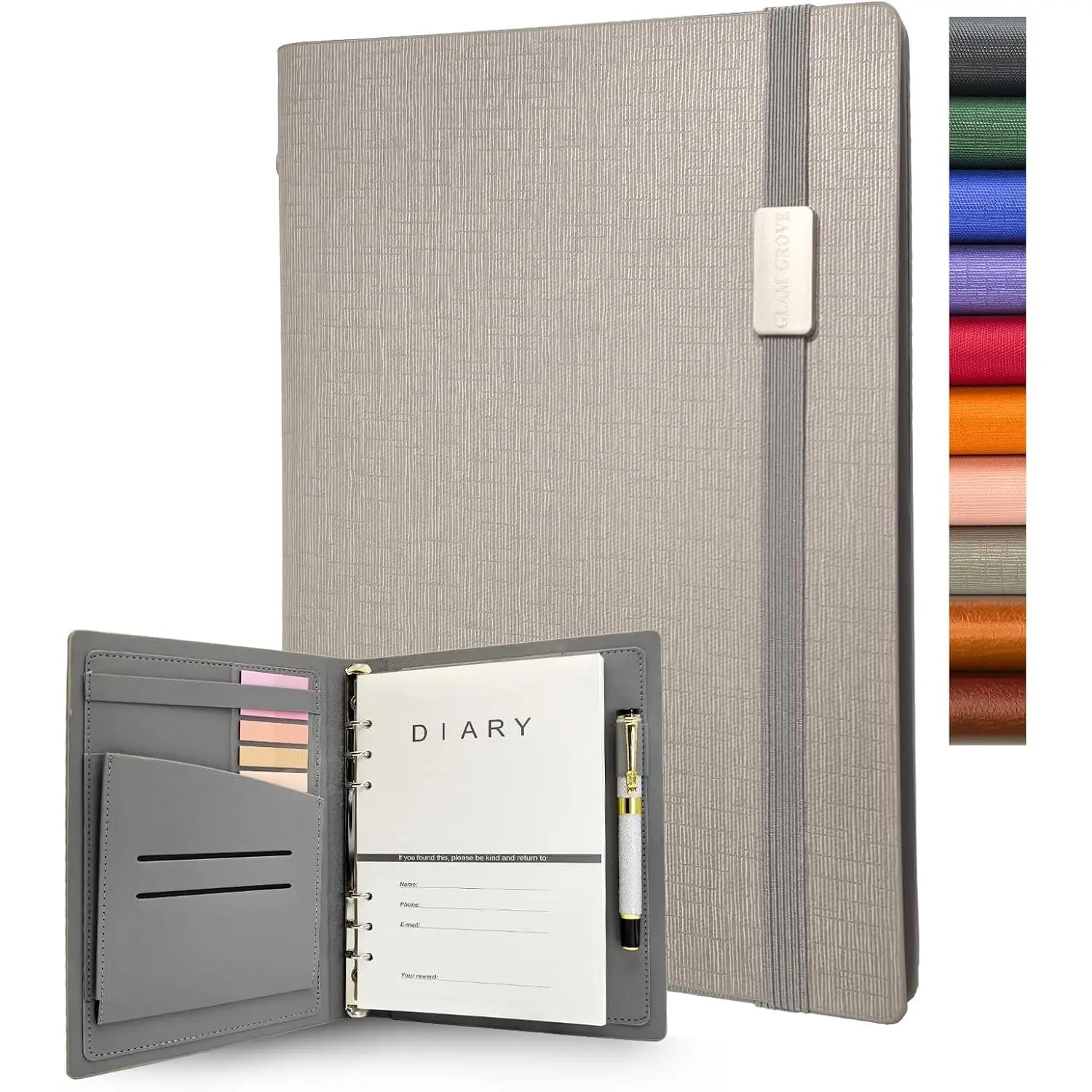 A5 Refillable Binder Notebook - Elegant Hardcover, 160 Pages of 100G Thick Paper, 6-Ring Design with Pen Loop and Pockets - Ideal for Writing, Travel, Work, and School (Gray)
