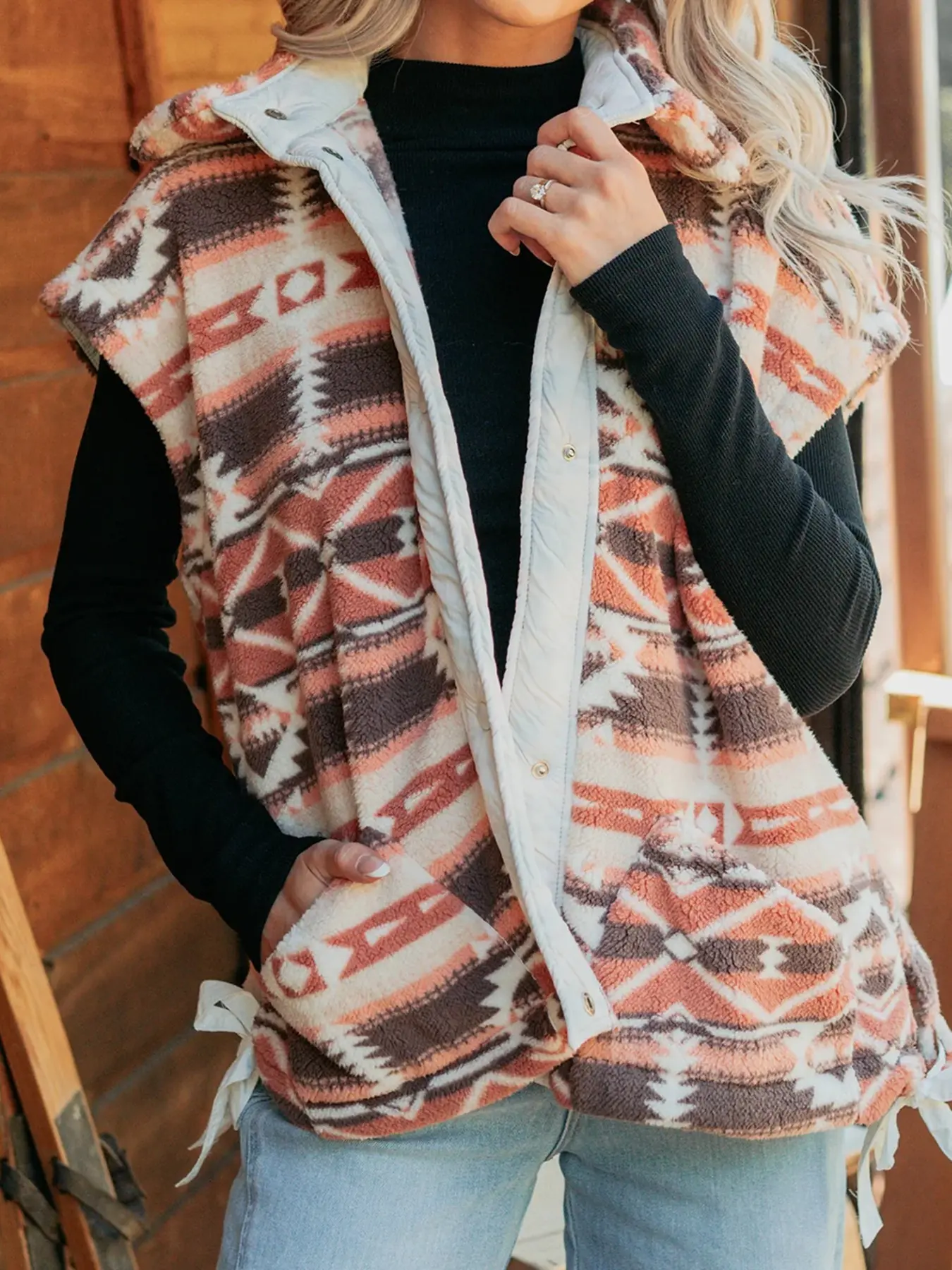 Colorful Geometric Print Fleece Vest with Metal Front Buckle, Straight Fit Design, Stylish and Comfortable Outerwear for Daily Wear